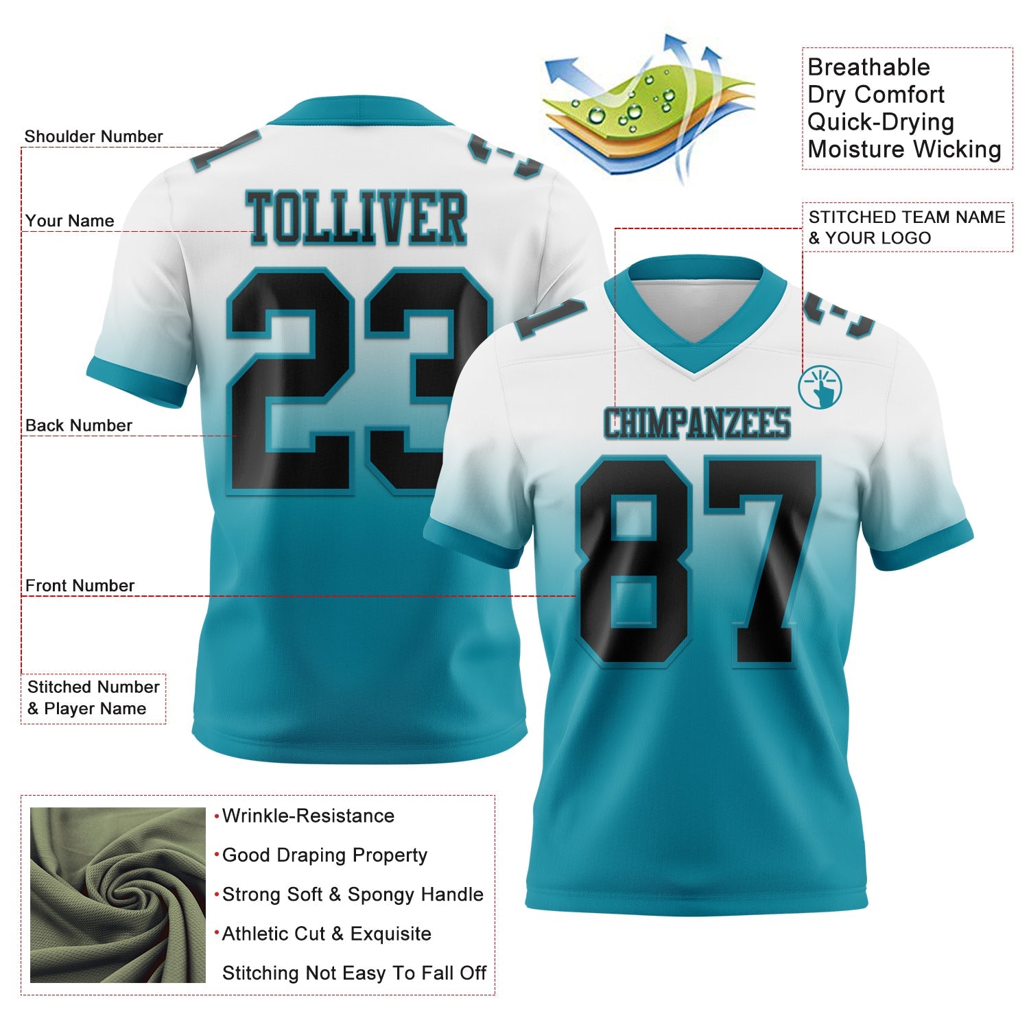 Custom White Black-Teal Authentic Fade Fashion Football Jersey