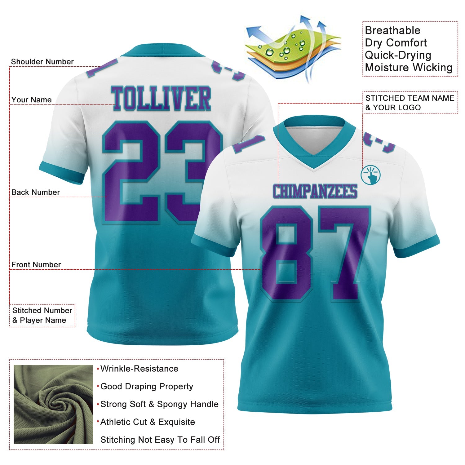 Custom White Purple-Teal Authentic Fade Fashion Football Jersey