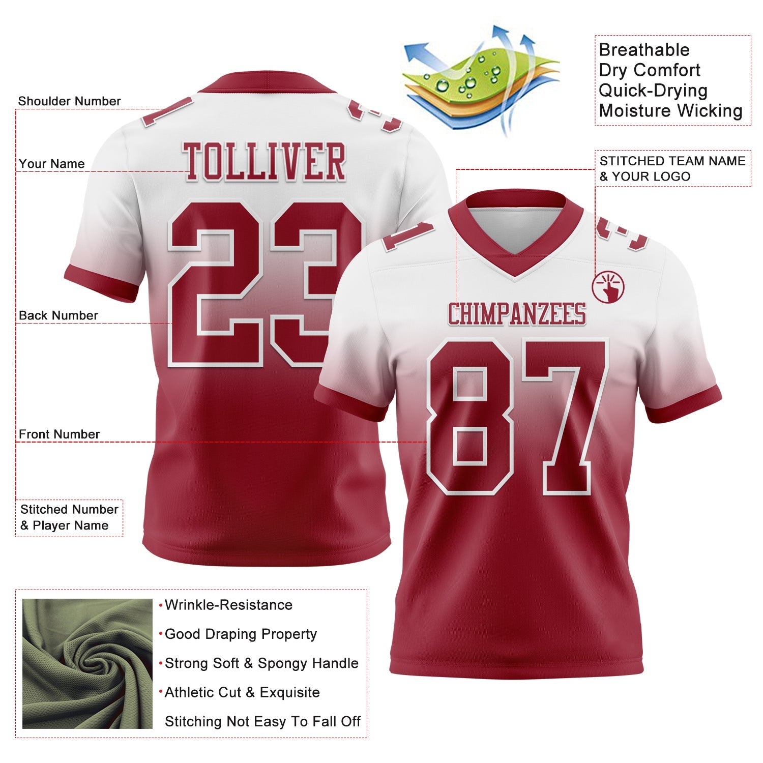 Custom White Cardinal Authentic Fade Fashion Football Jersey