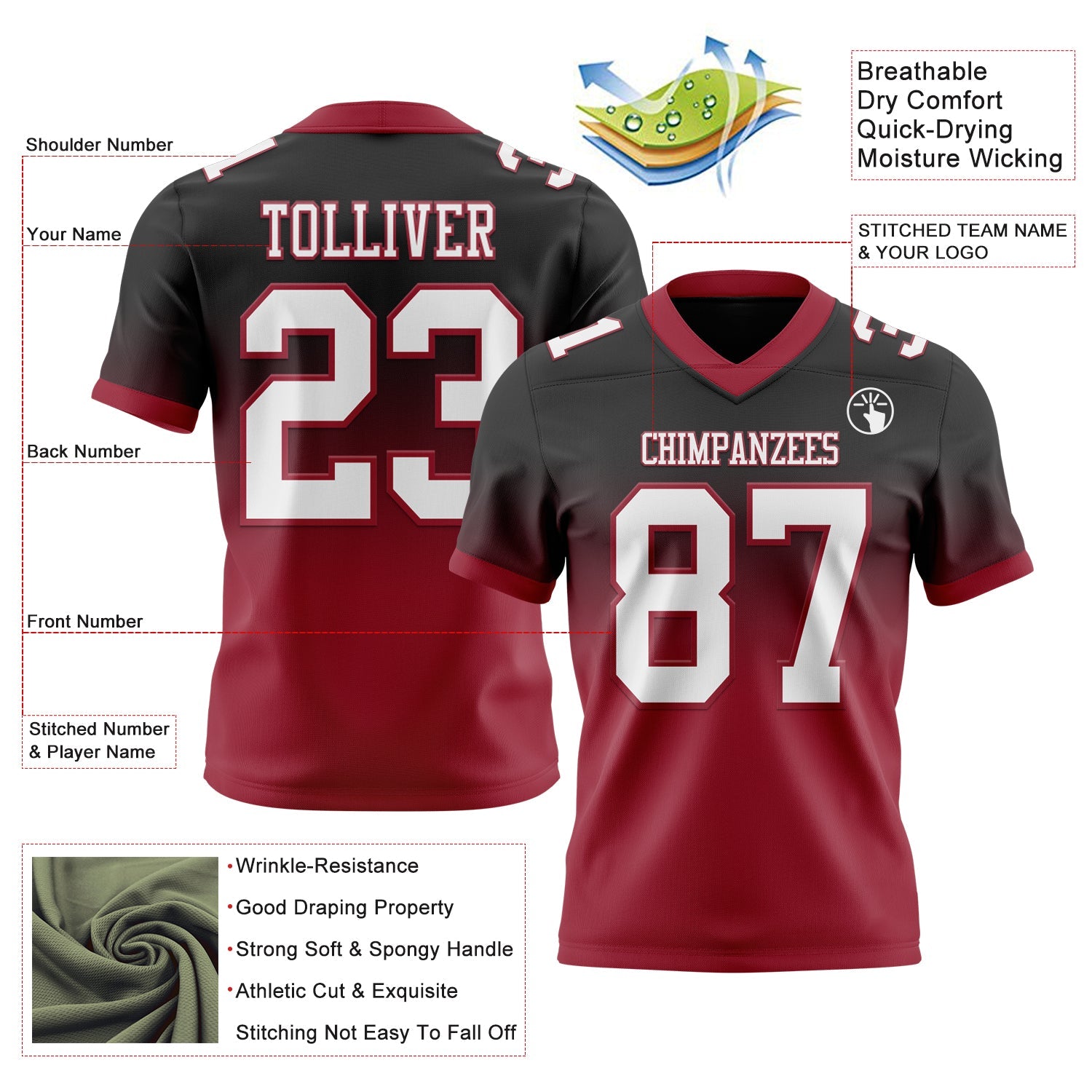 Custom Black White-Cardinal Authentic Fade Fashion Football Jersey