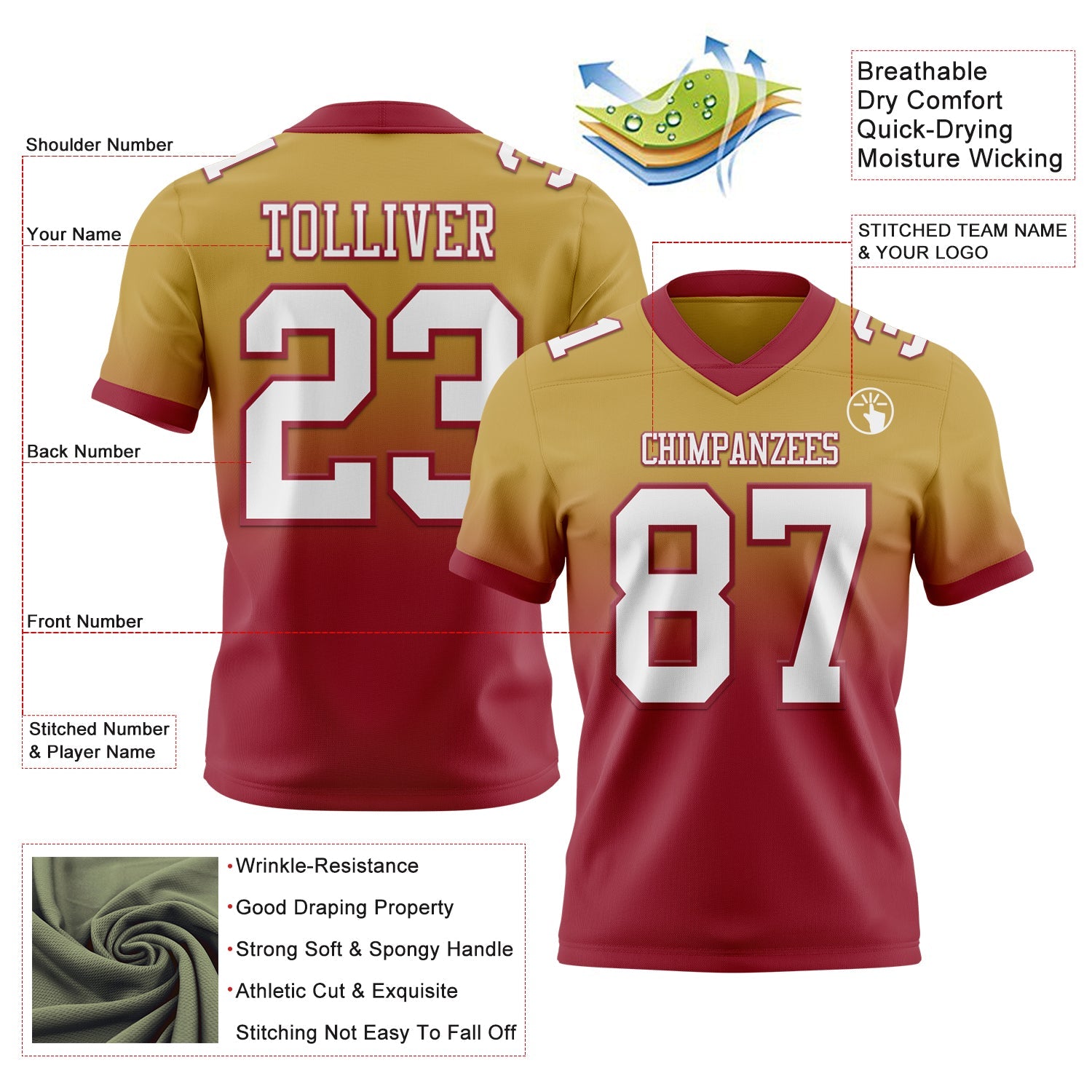 Custom Old Gold White-Cardinal Authentic Fade Fashion Football Jersey