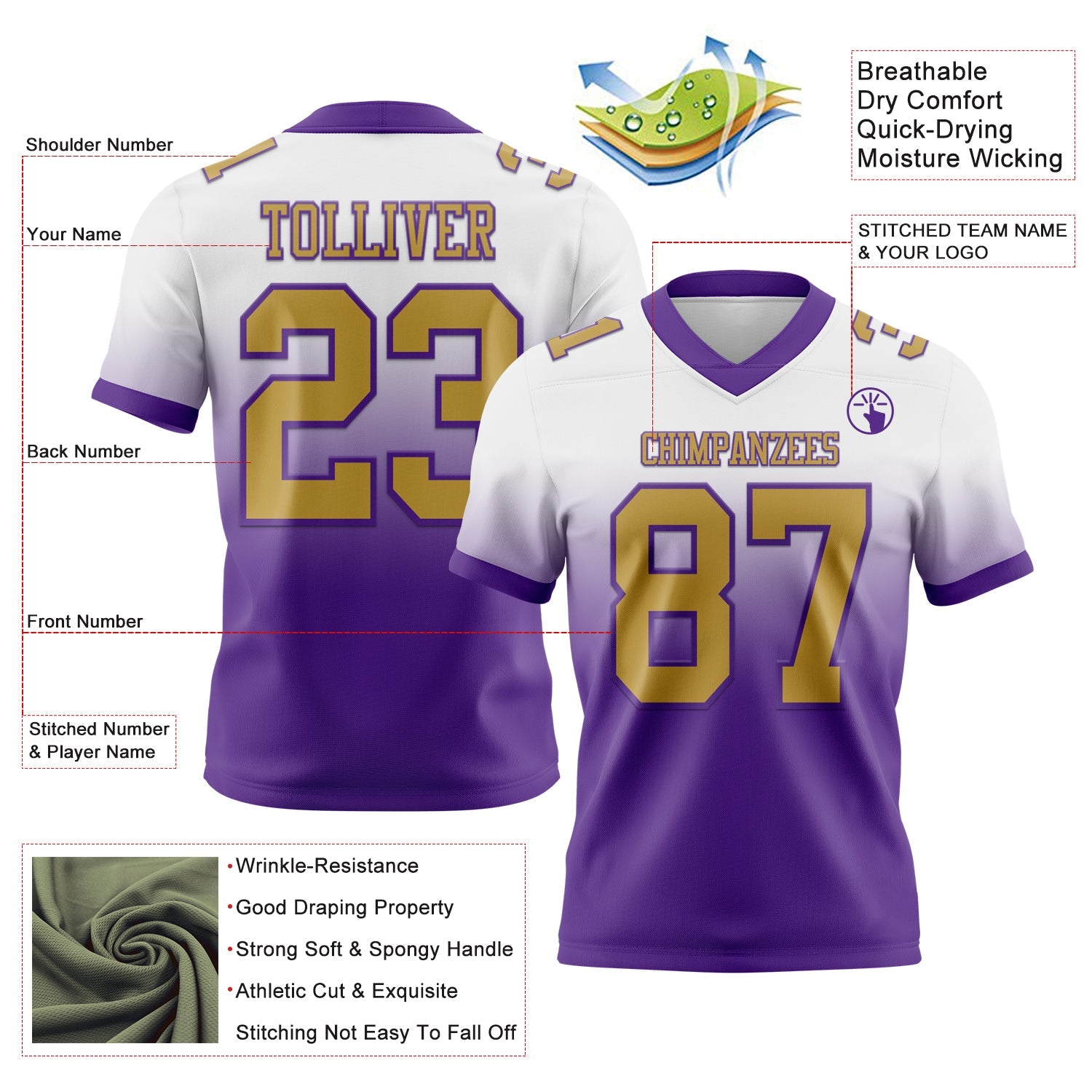Custom White Old Gold-Purple Authentic Fade Fashion Football Jersey