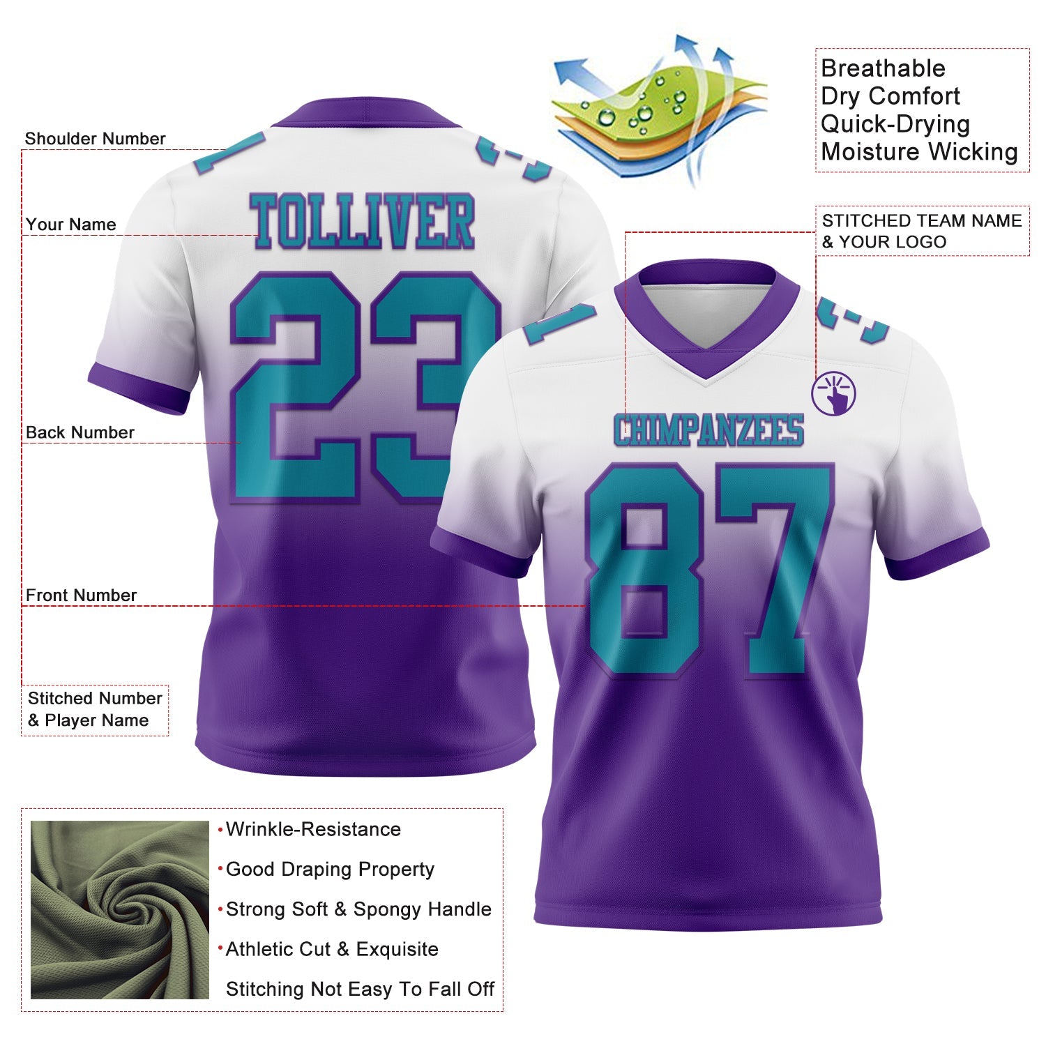 Custom White Teal-Purple Authentic Fade Fashion Football Jersey