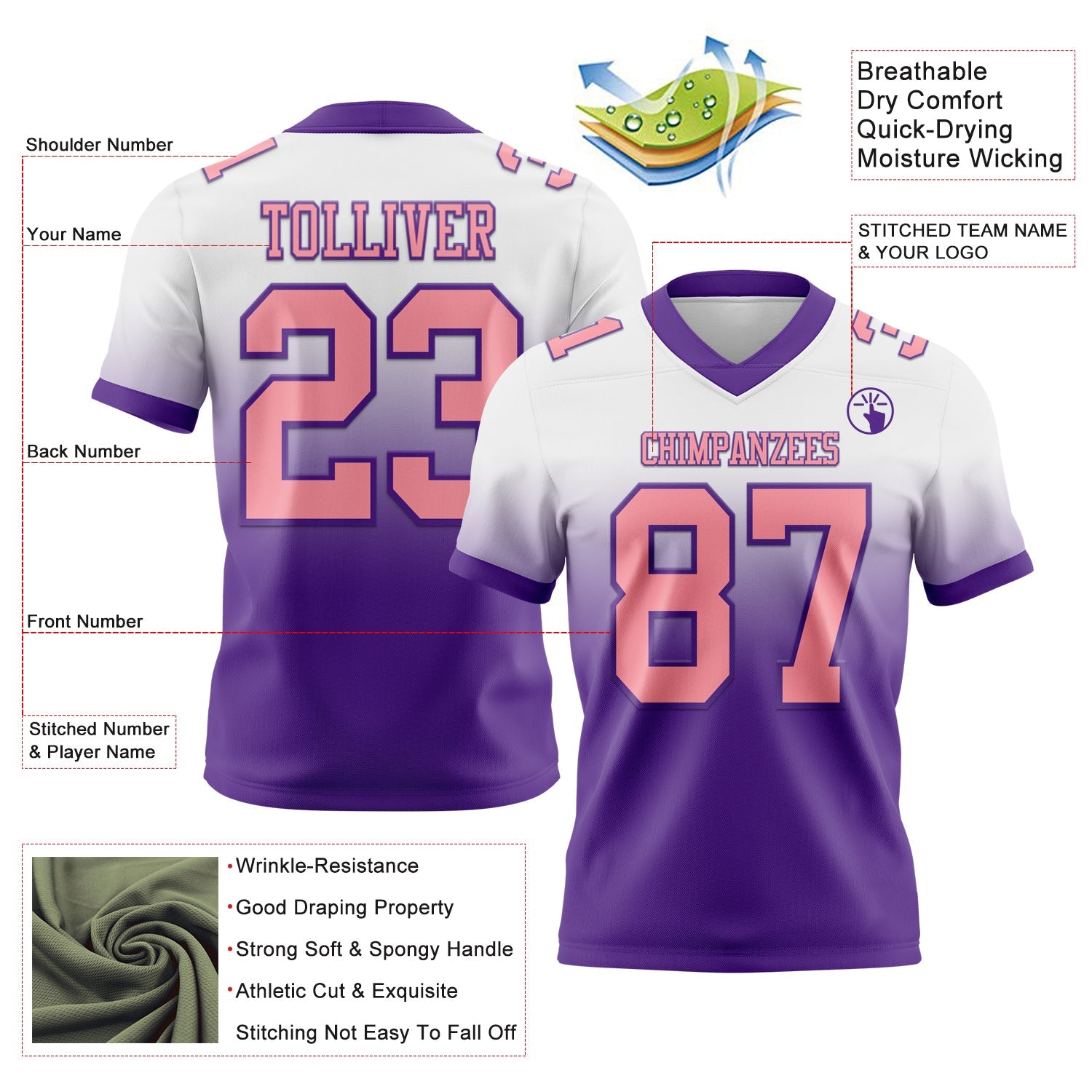 Custom White Medium Pink-Purple Authentic Fade Fashion Football Jersey