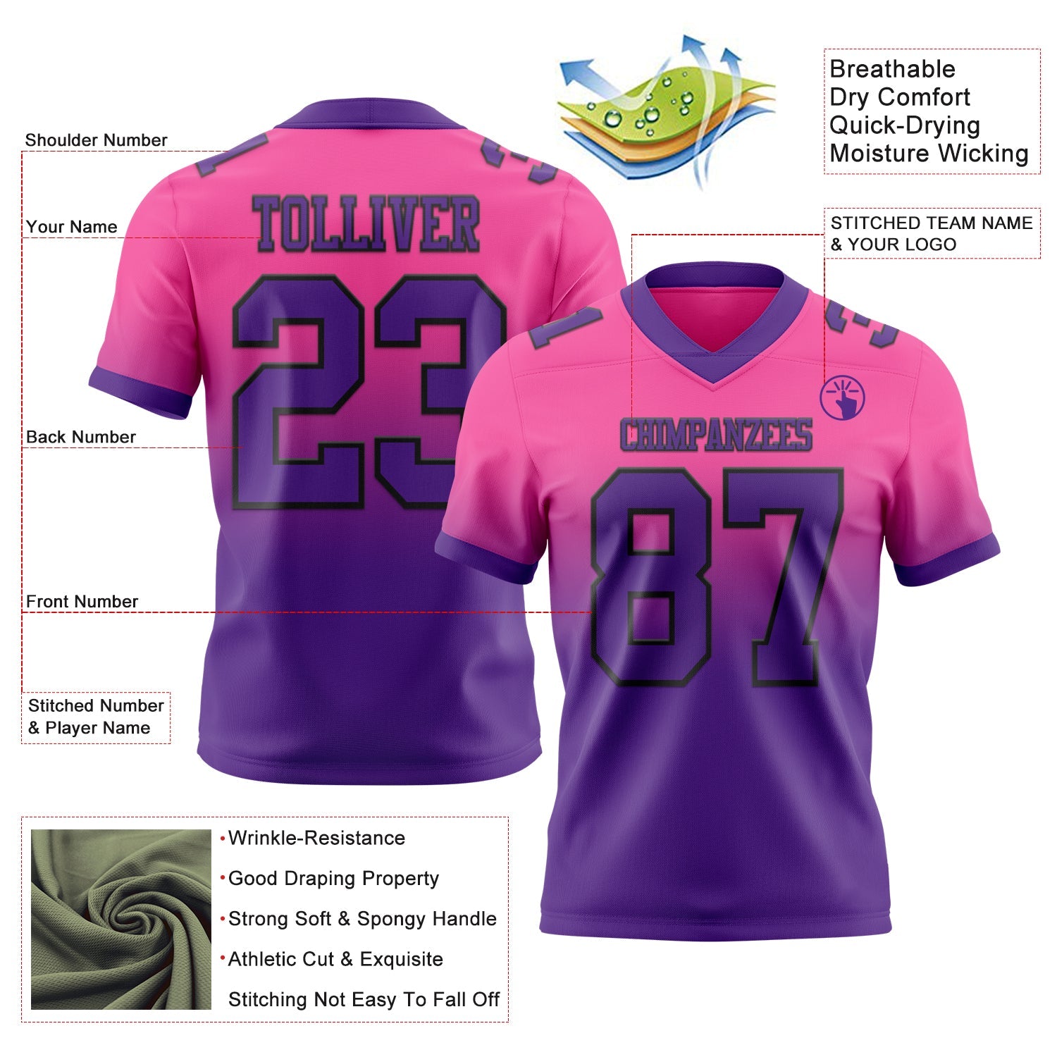 Custom Pink Purple-Black Authentic Fade Fashion Football Jersey