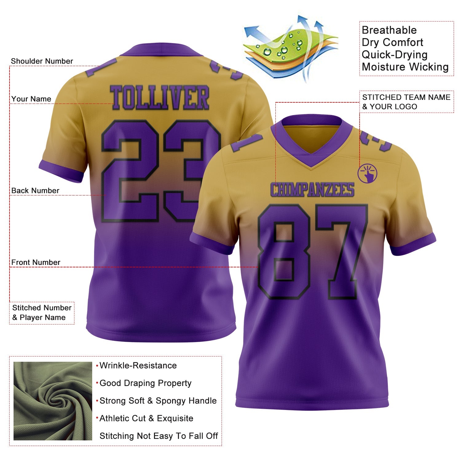 Custom Old Gold Purple-Black Authentic Fade Fashion Football Jersey