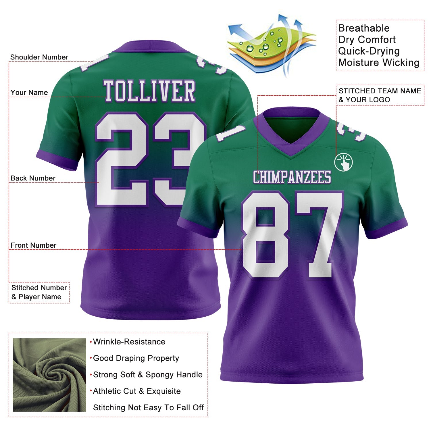 Custom Kelly Green White-Purple Authentic Fade Fashion Football Jersey