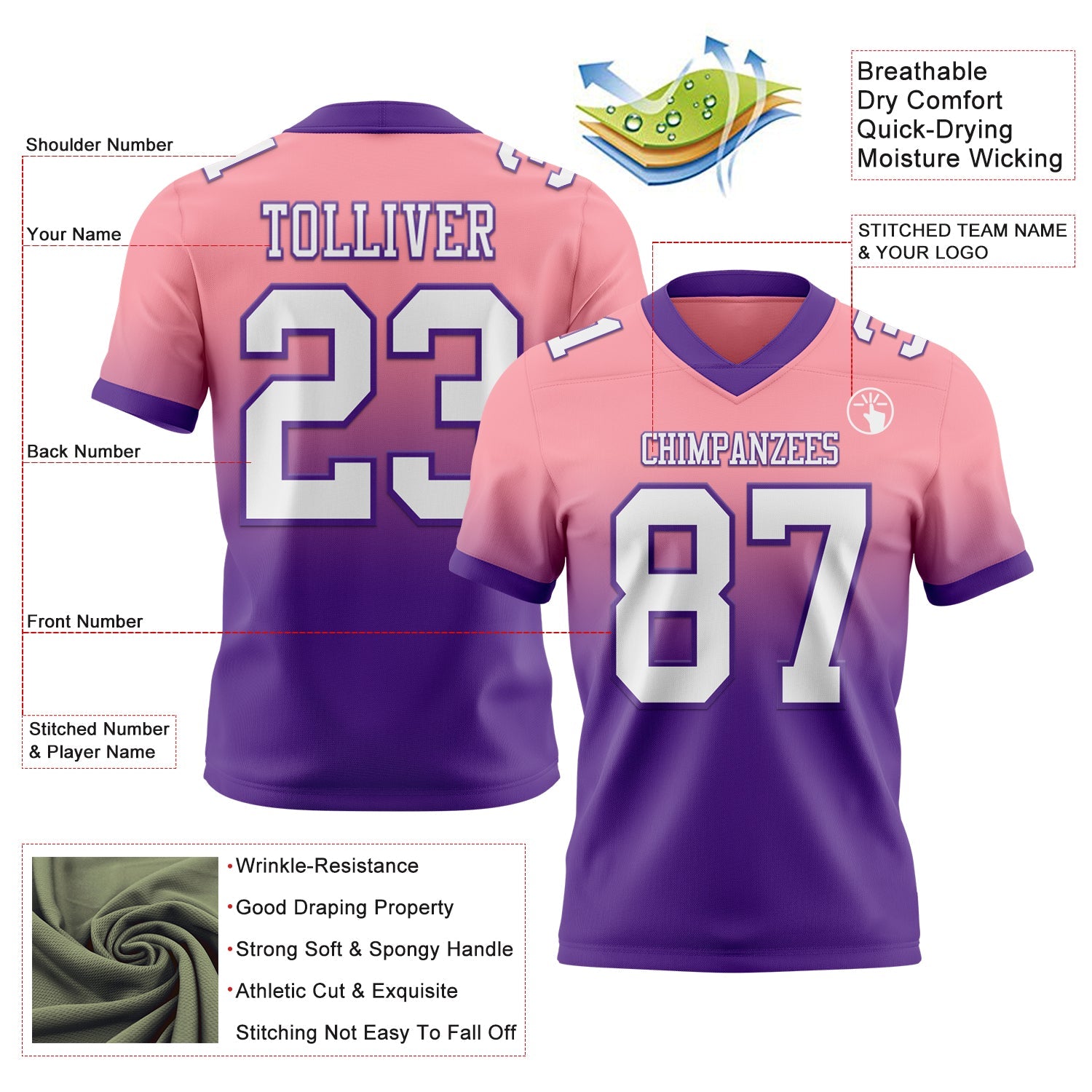 Custom Medium Pink White-Purple Authentic Fade Fashion Football Jersey