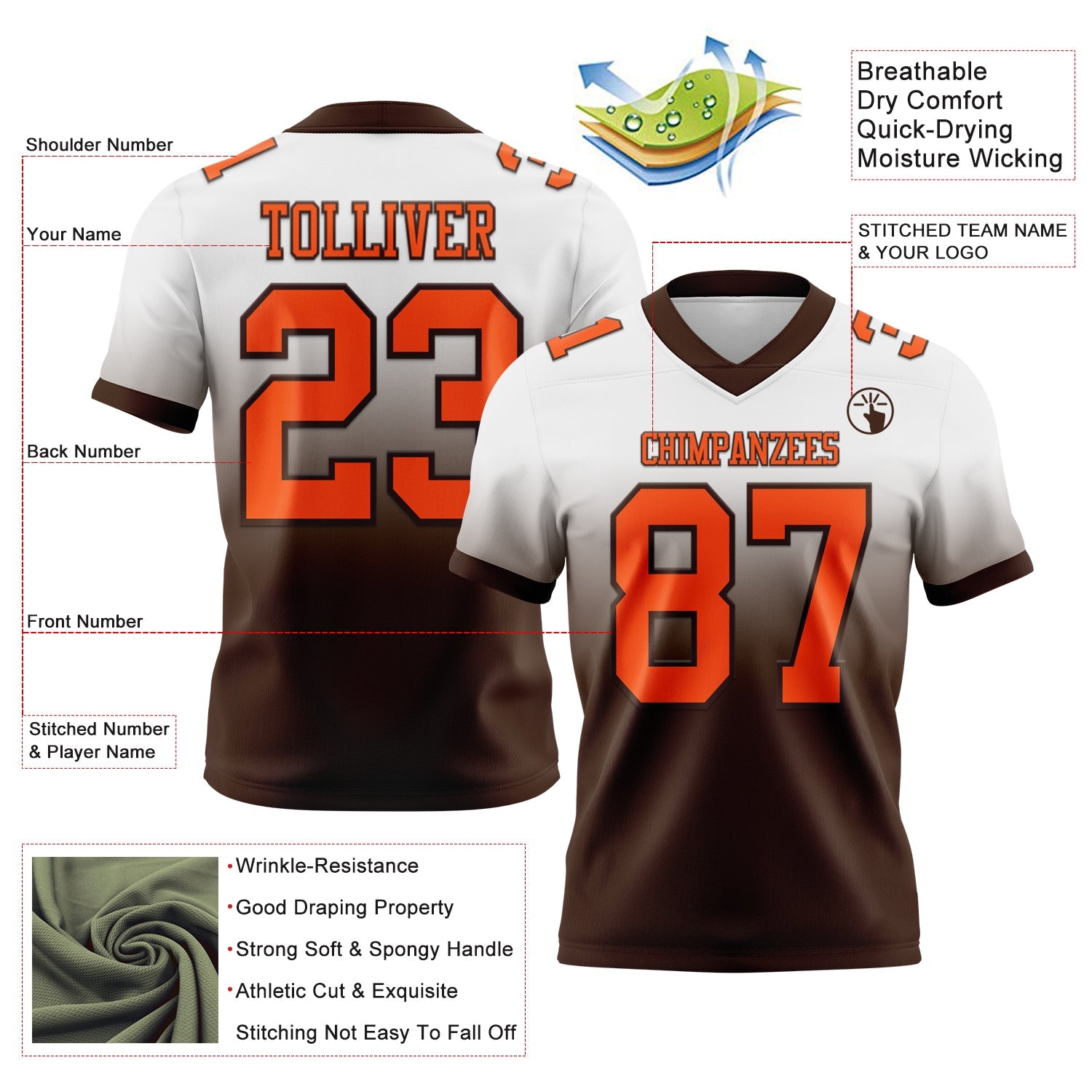 Custom White Orange-Brown Authentic Fade Fashion Football Jersey