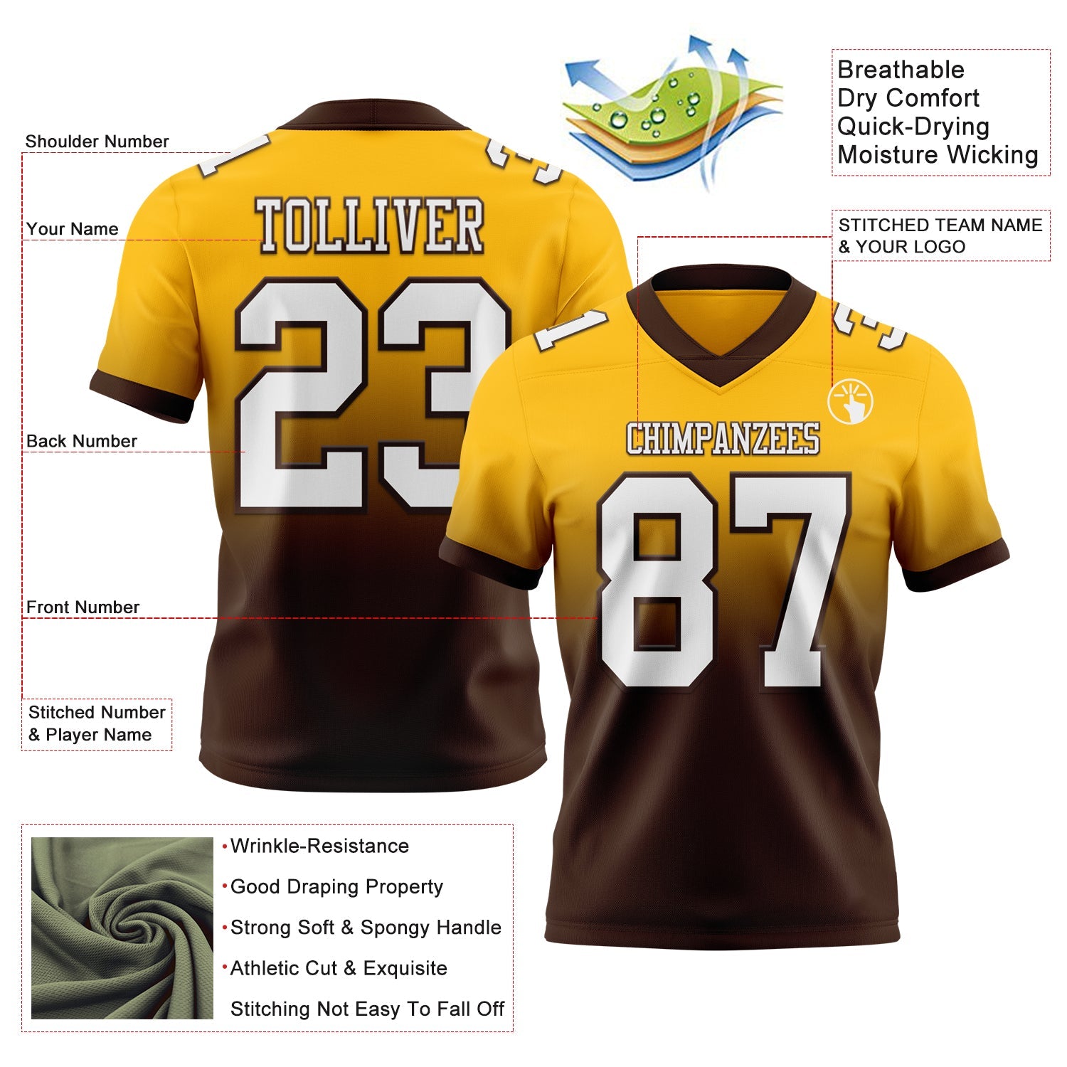 Custom Gold White-Brown Authentic Fade Fashion Football Jersey