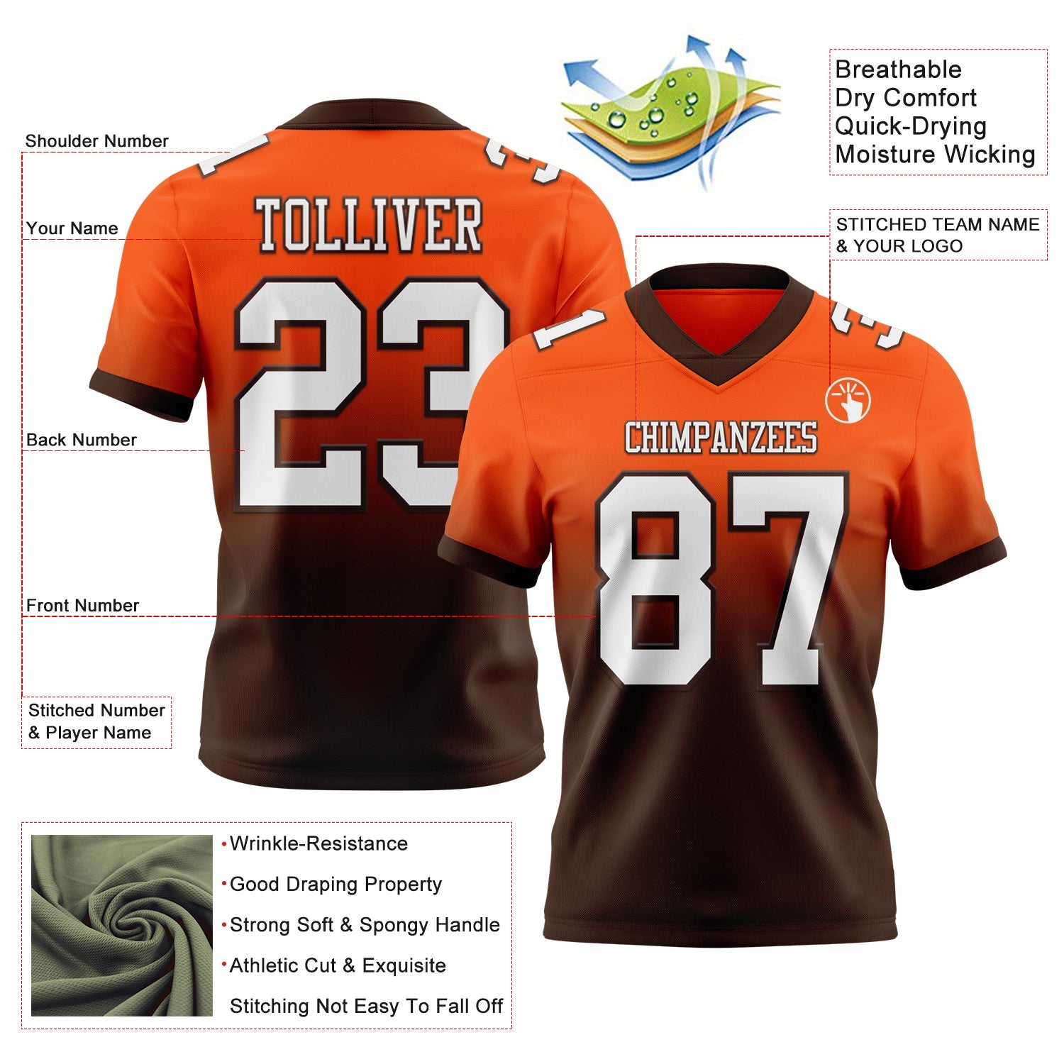 Custom Orange White-Brown Authentic Fade Fashion Football Jersey