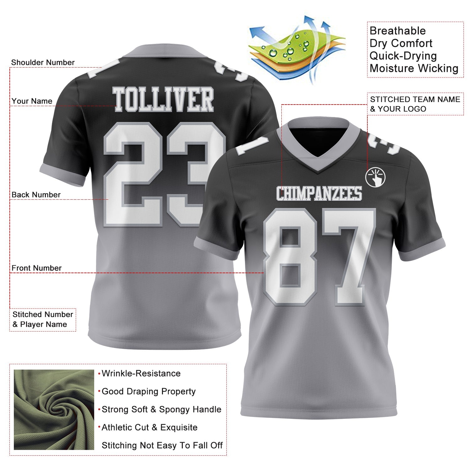 Custom Black White-Gray Authentic Fade Fashion Football Jersey