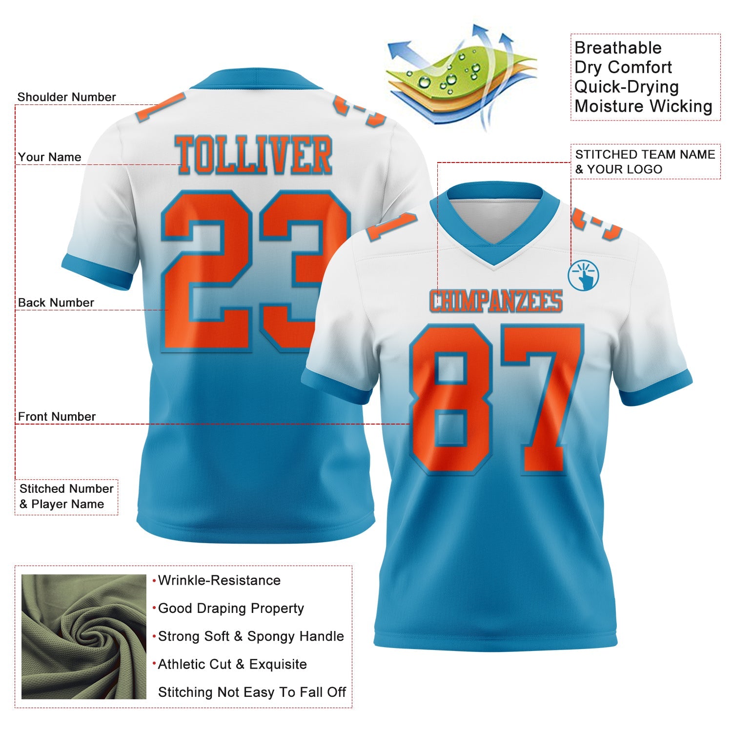 Custom White Orange-Panther Blue Authentic Fade Fashion Football Jersey
