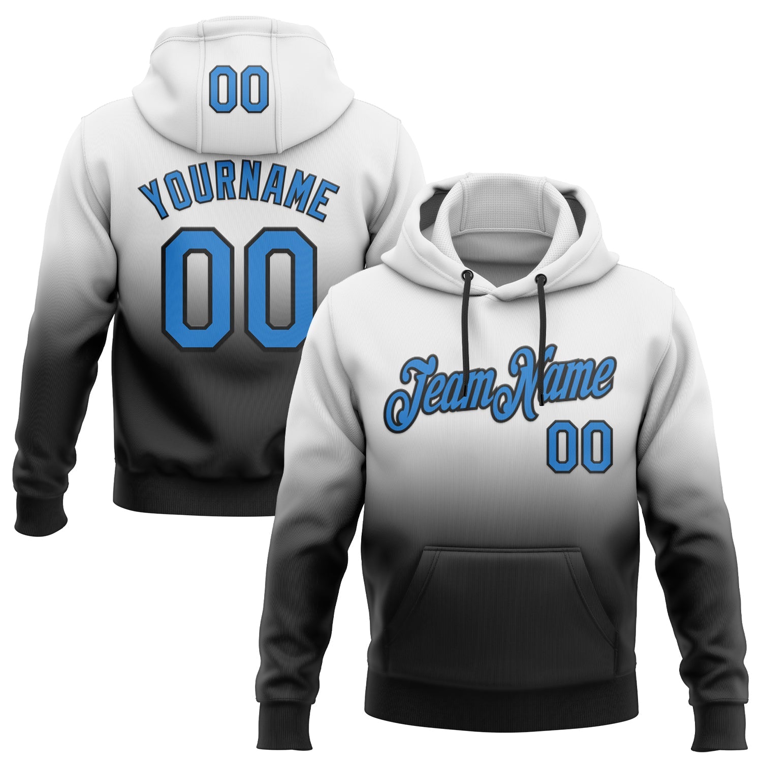 Custom Stitched White Powder Blue-Black Fade Fashion Sports Pullover Sweatshirt Hoodie