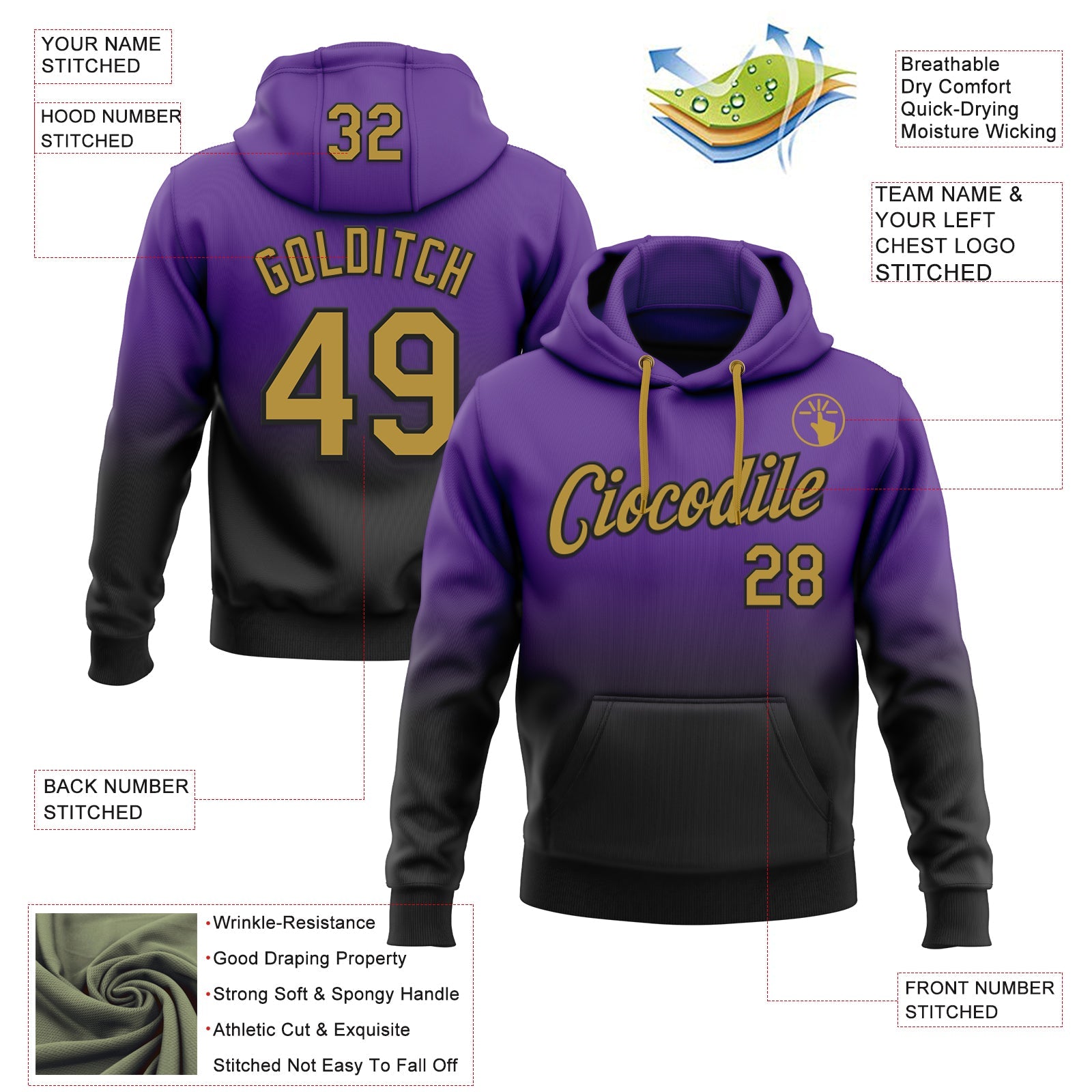 Custom Stitched Purple Old Gold-Black Fade Fashion Sports Pullover Sweatshirt Hoodie
