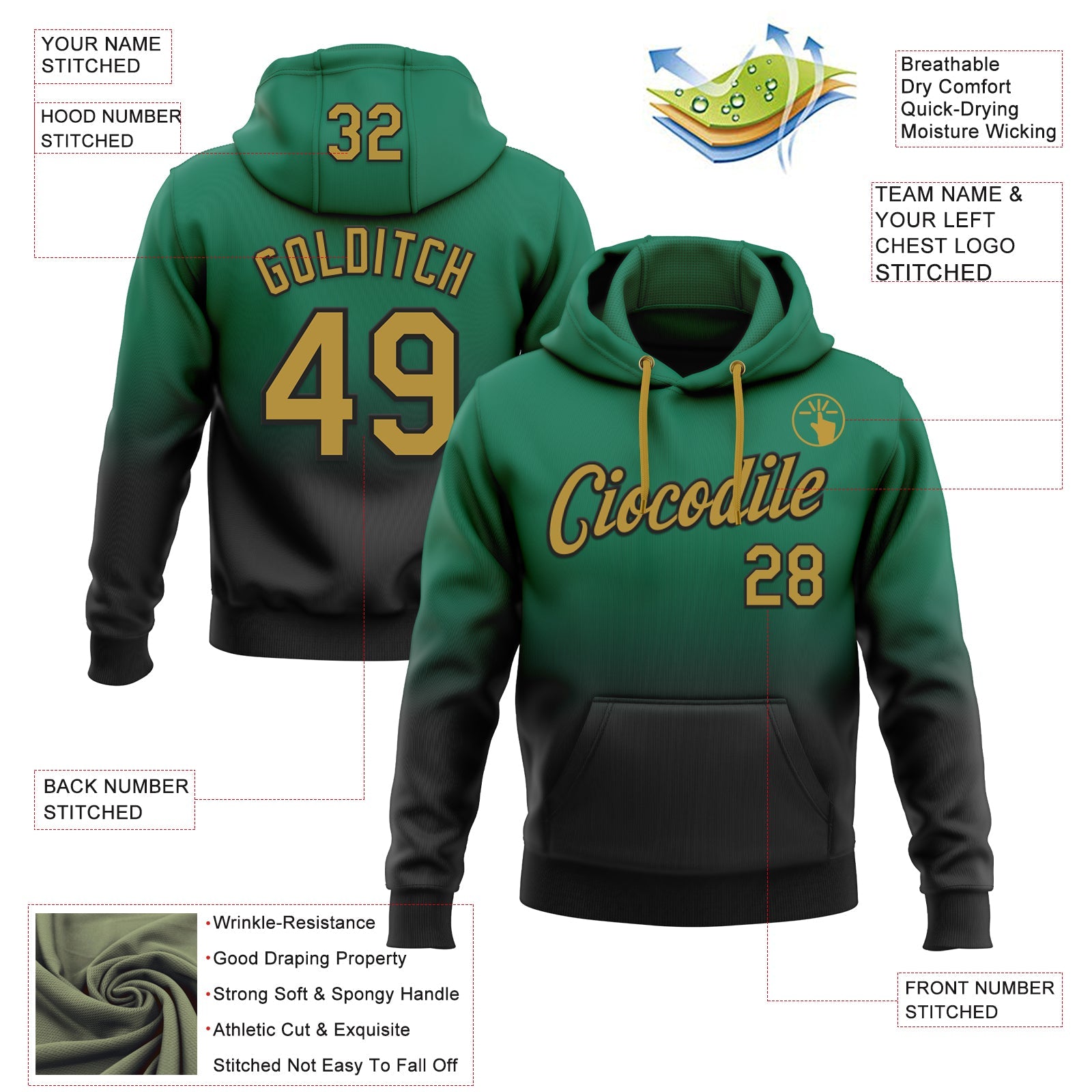 Custom Stitched Kelly Green Old Gold-Black Fade Fashion Sports Pullover Sweatshirt Hoodie