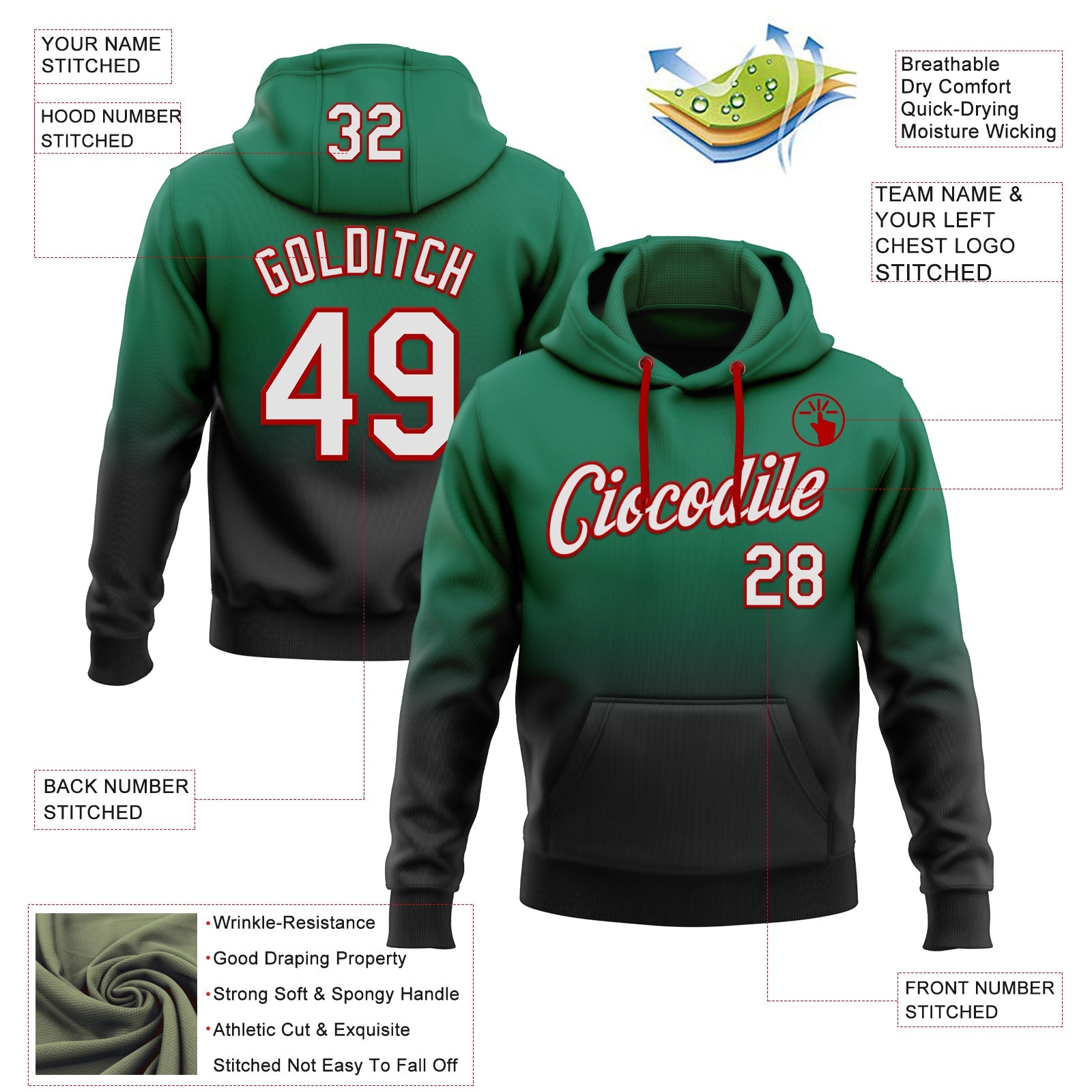 Custom Stitched Kelly Green White Black-Red Fade Fashion Sports Pullover Sweatshirt Hoodie