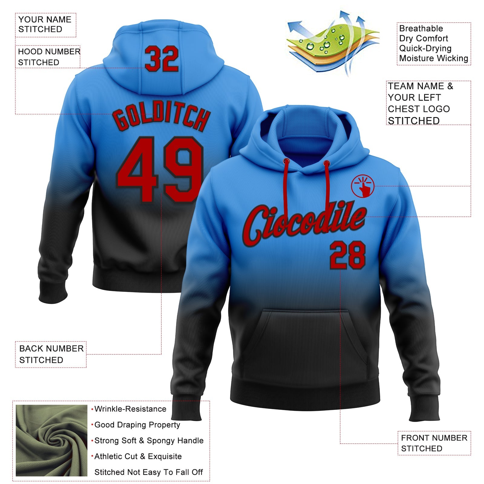 Custom Stitched Powder Blue Red-Black Fade Fashion Sports Pullover Sweatshirt Hoodie