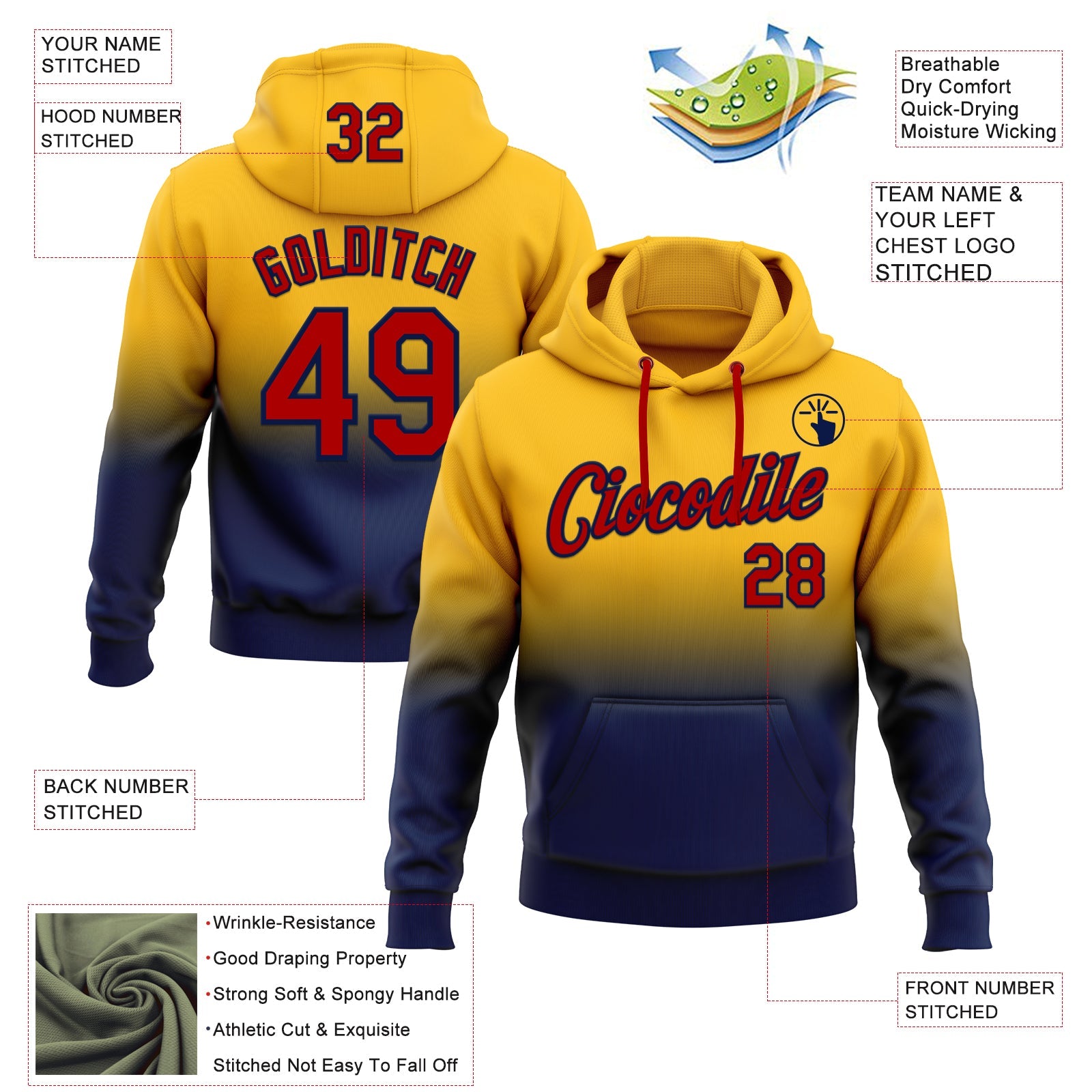 Custom Stitched Gold Red-Navy Fade Fashion Sports Pullover Sweatshirt Hoodie