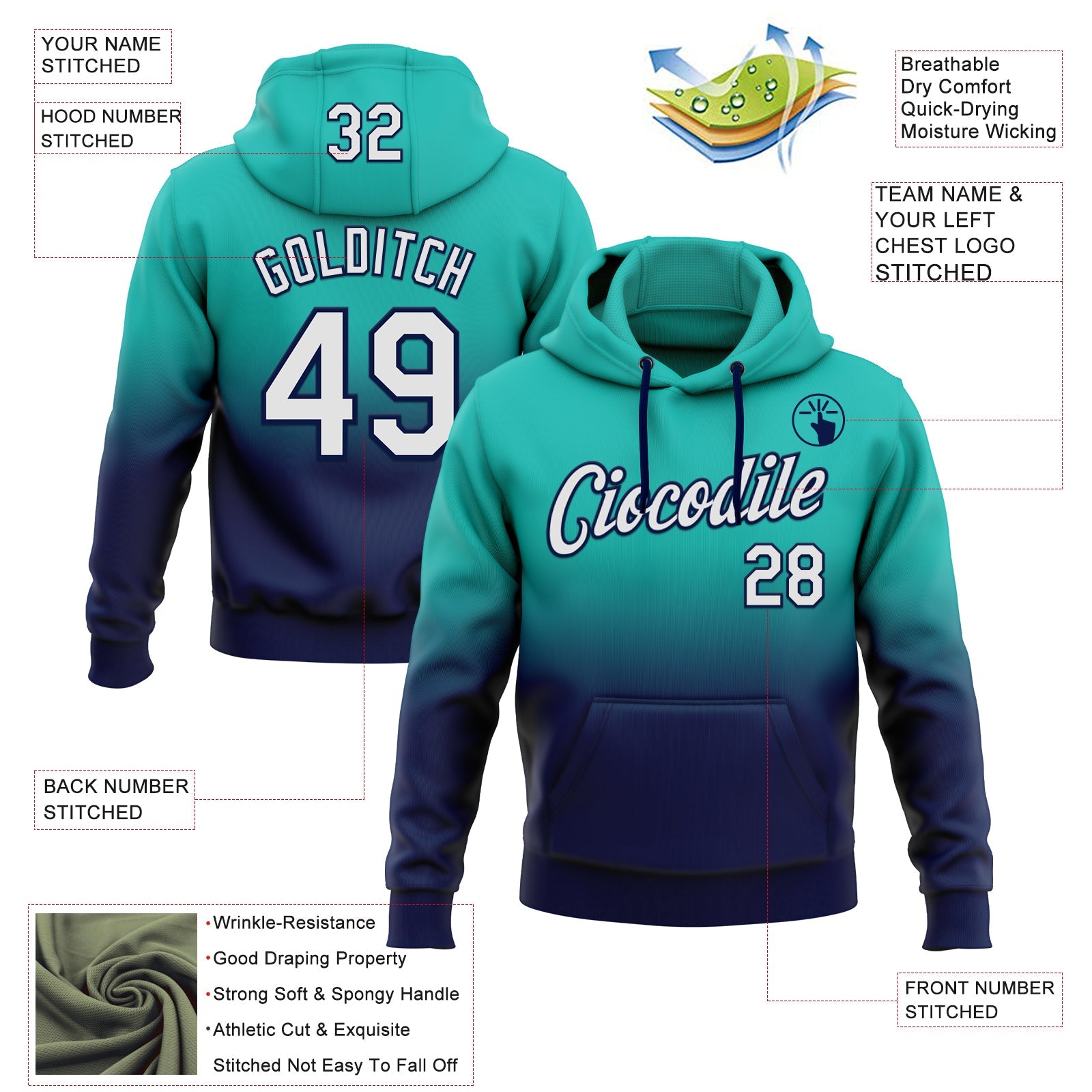 Custom Stitched Aqua White-Navy Fade Fashion Sports Pullover Sweatshirt Hoodie