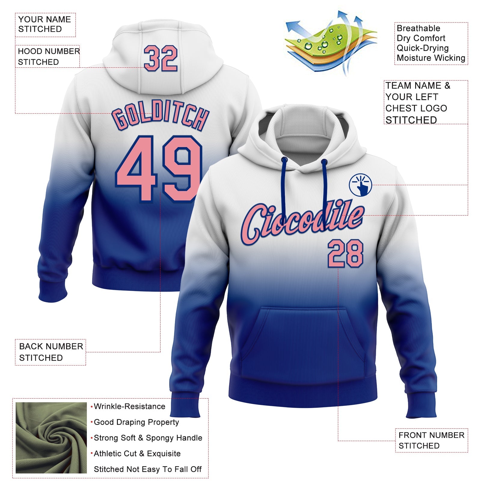 Custom Stitched White Medium Pink-Royal Fade Fashion Sports Pullover Sweatshirt Hoodie