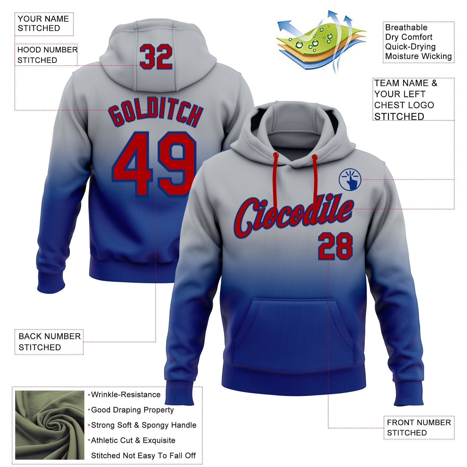 Custom Stitched Gray Red-Royal Fade Fashion Sports Pullover Sweatshirt Hoodie