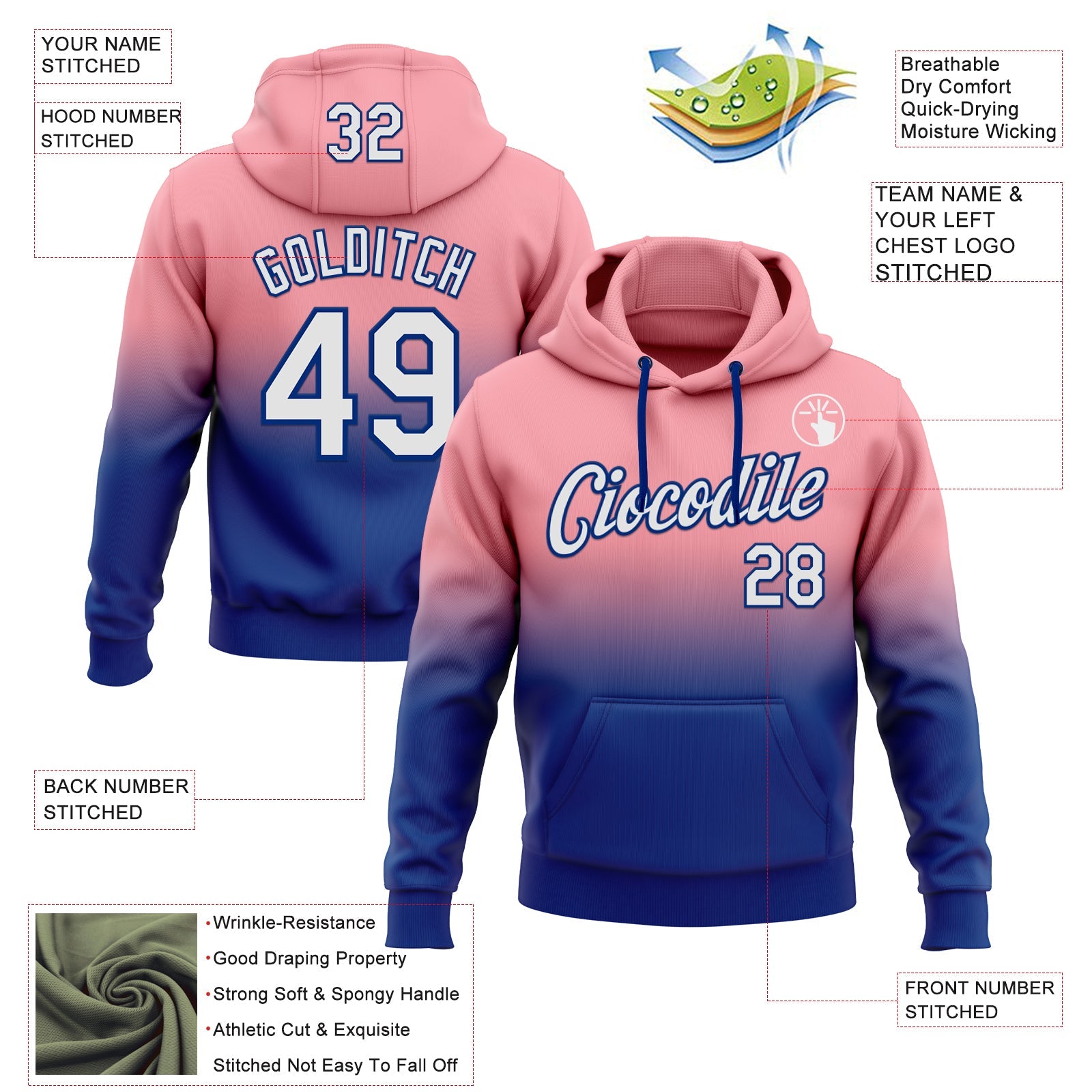 Custom Stitched Medium Pink White-Royal Fade Fashion Sports Pullover Sweatshirt Hoodie