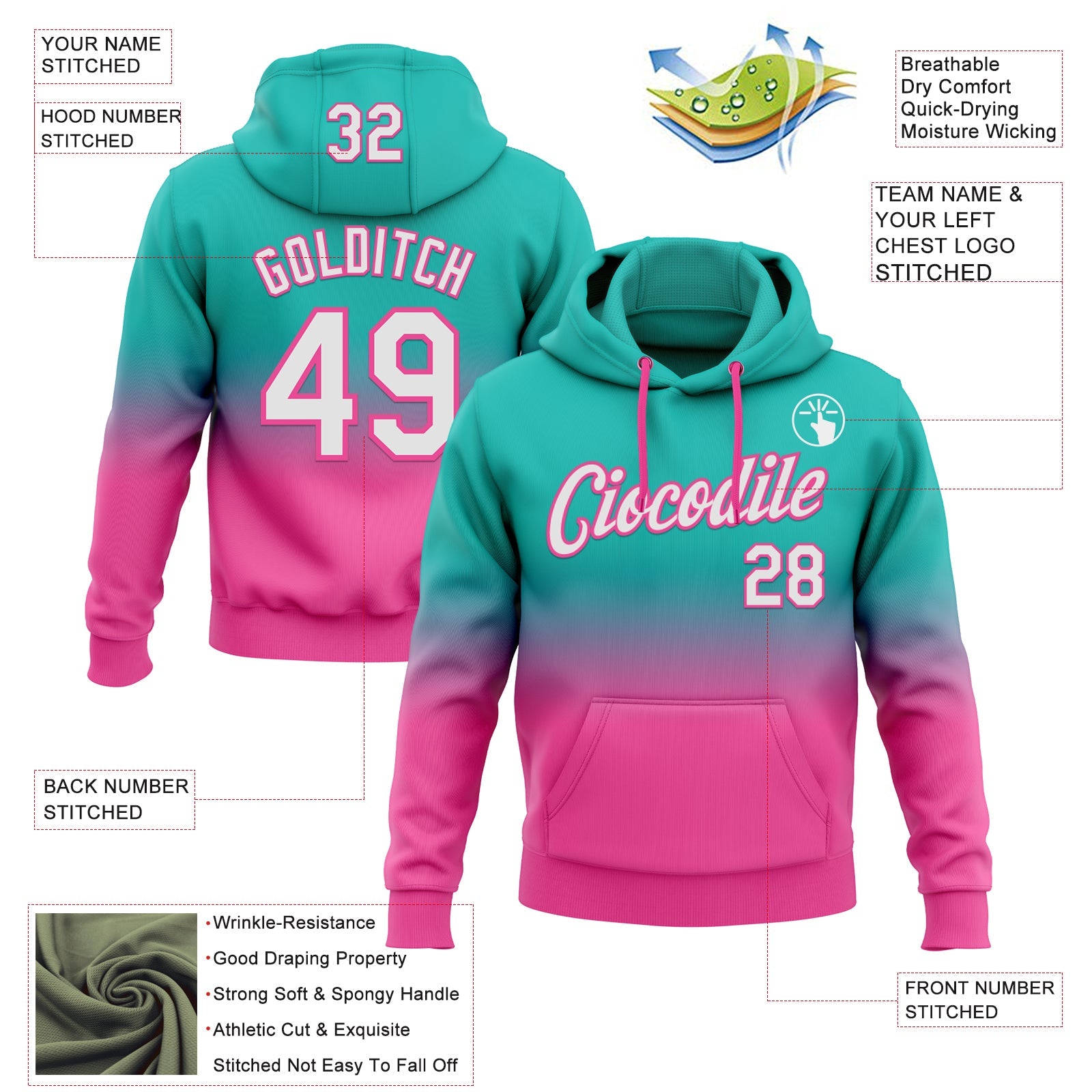 Custom Stitched Aqua White-Pink Fade Fashion Sports Pullover Sweatshirt Hoodie