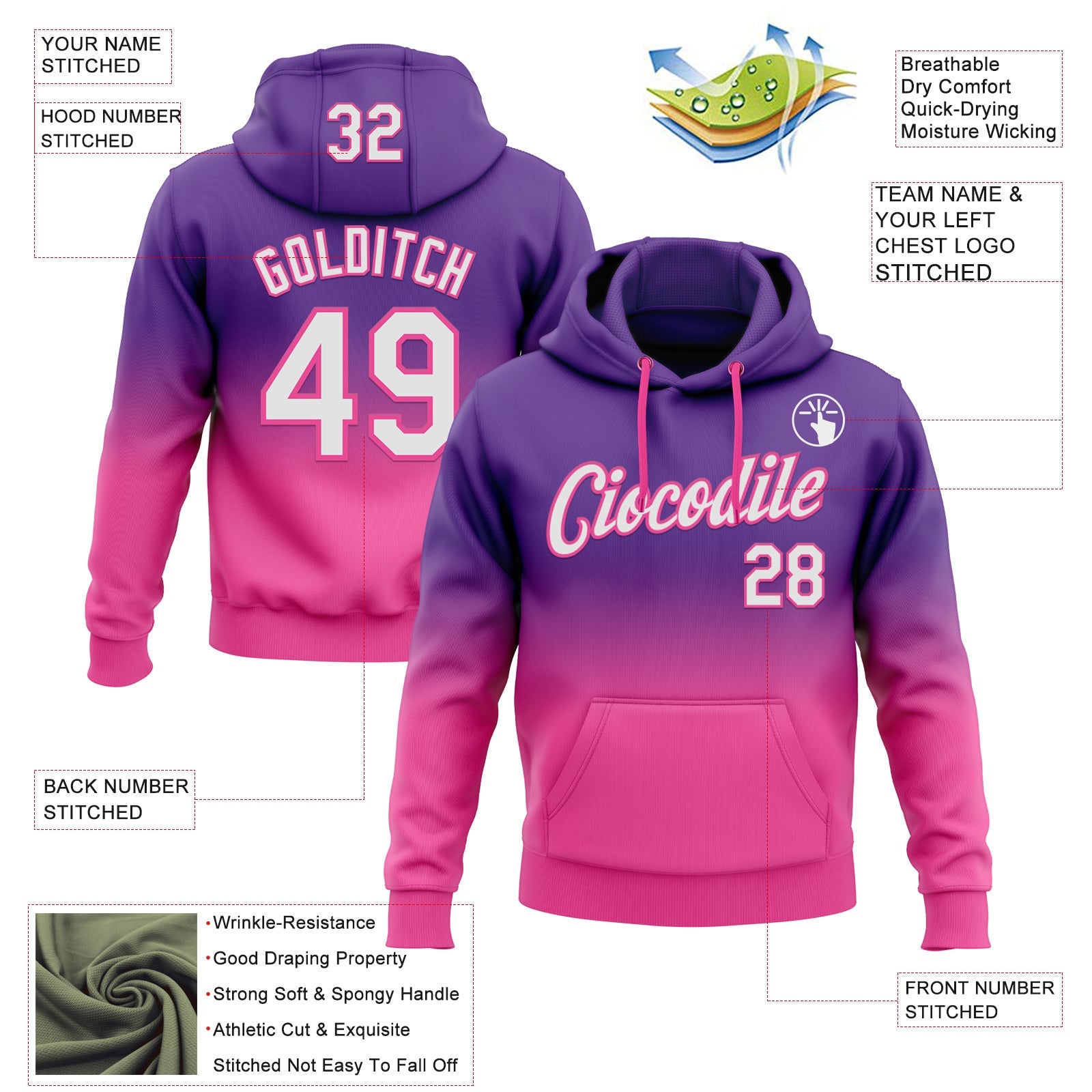 Custom Stitched Purple White-Pink Fade Fashion Sports Pullover Sweatshirt Hoodie