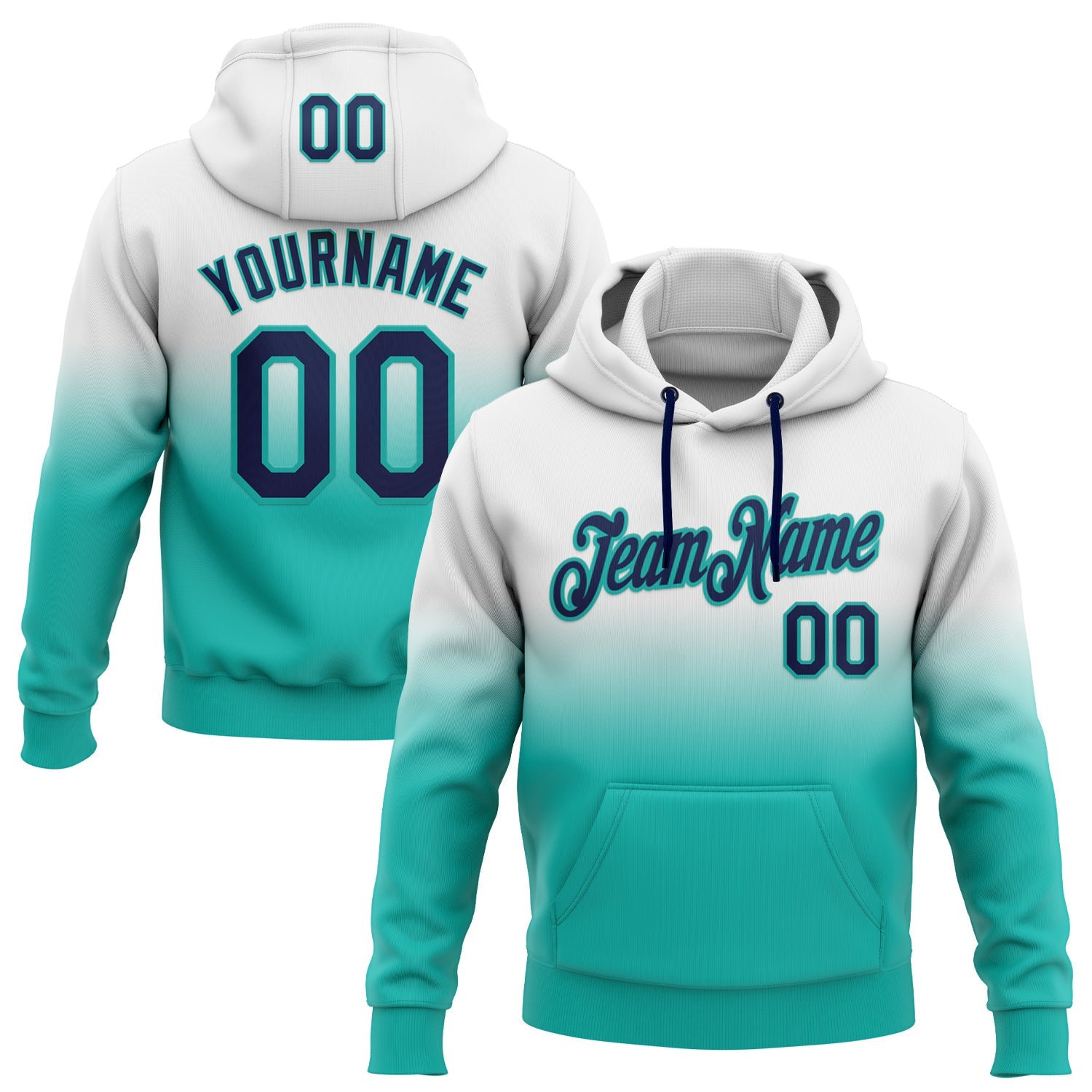 Custom Stitched White Navy-Aqua Fade Fashion Sports Pullover Sweatshirt Hoodie