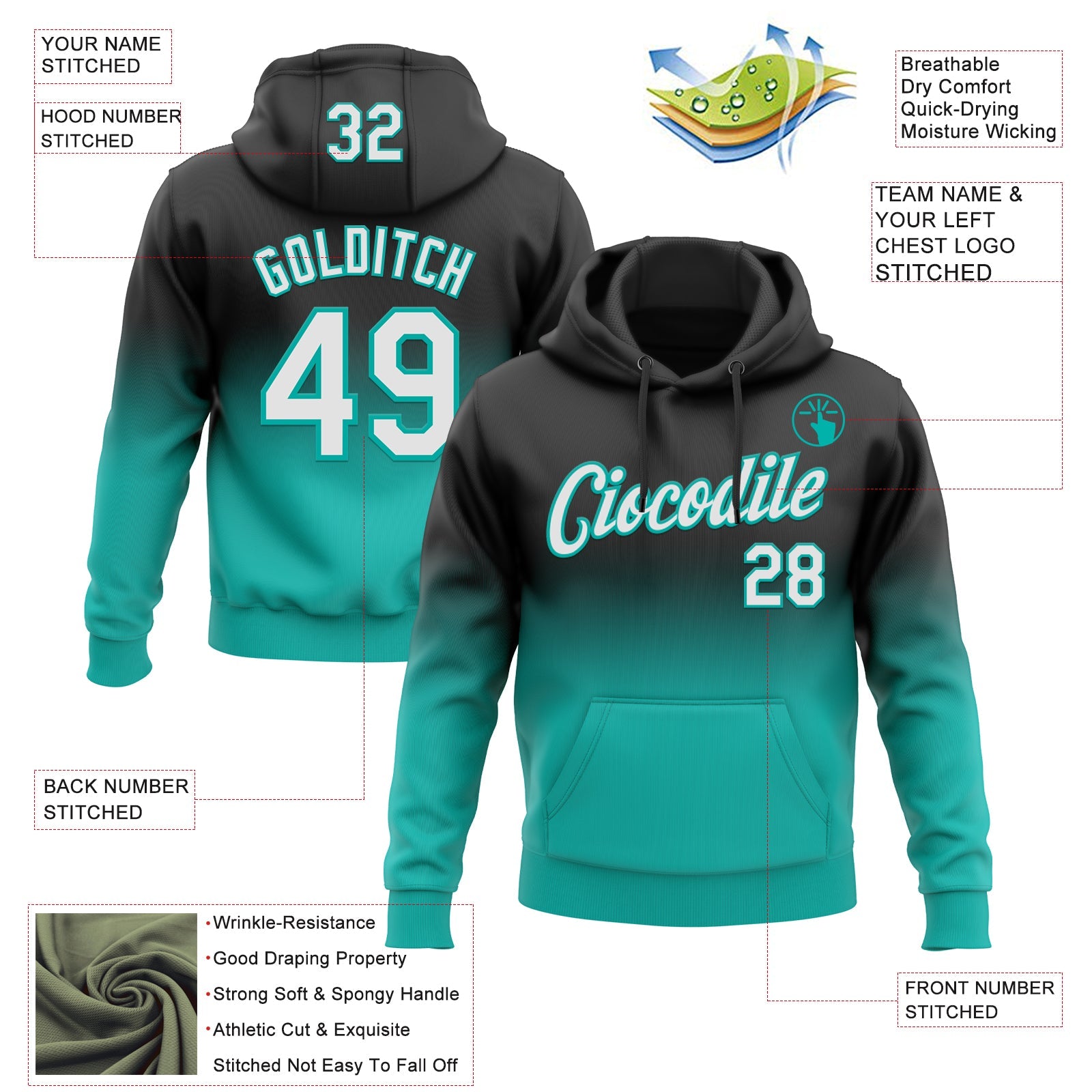Custom Stitched Black White-Aqua Fade Fashion Sports Pullover Sweatshirt Hoodie