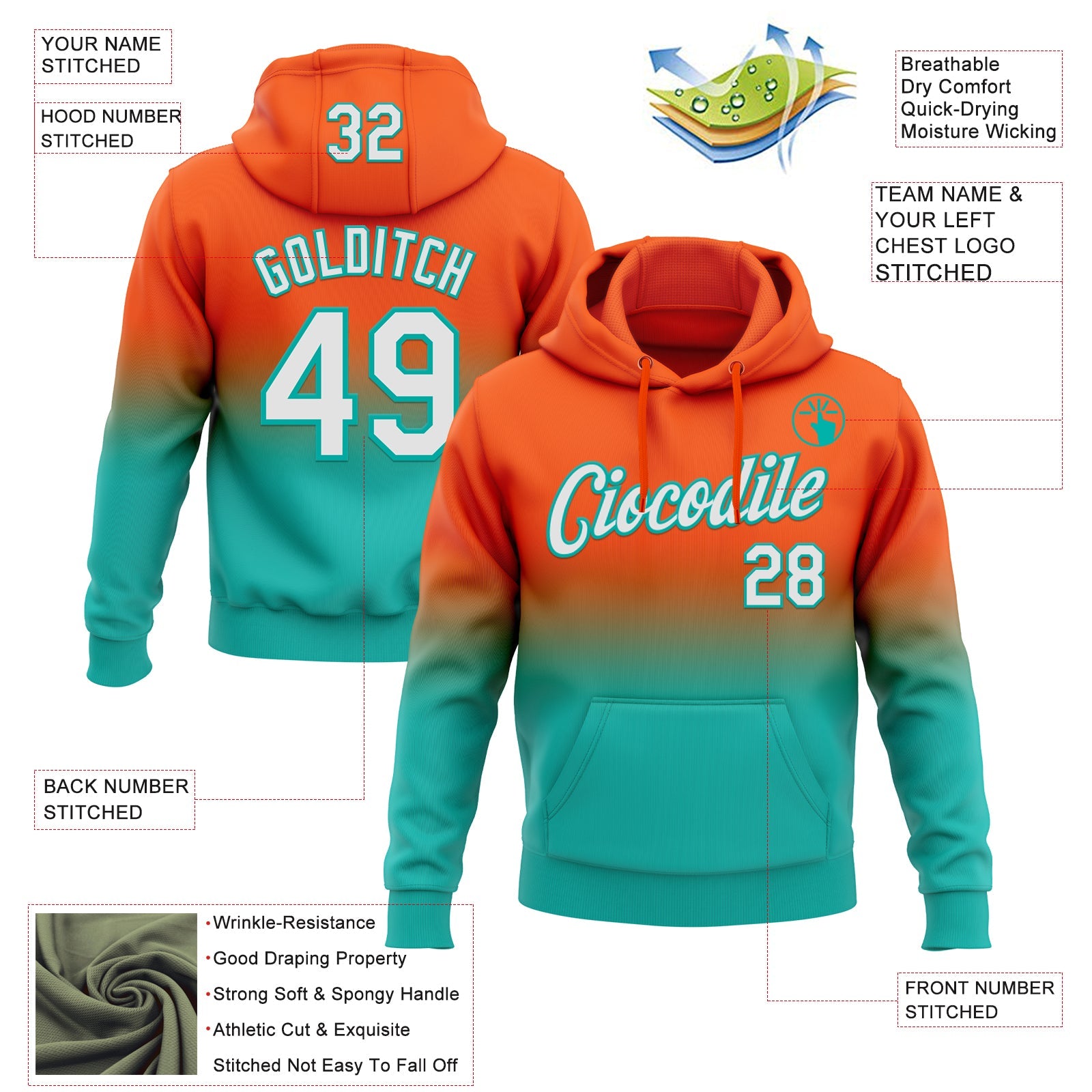 Custom Stitched Orange White-Aqua Fade Fashion Sports Pullover Sweatshirt Hoodie