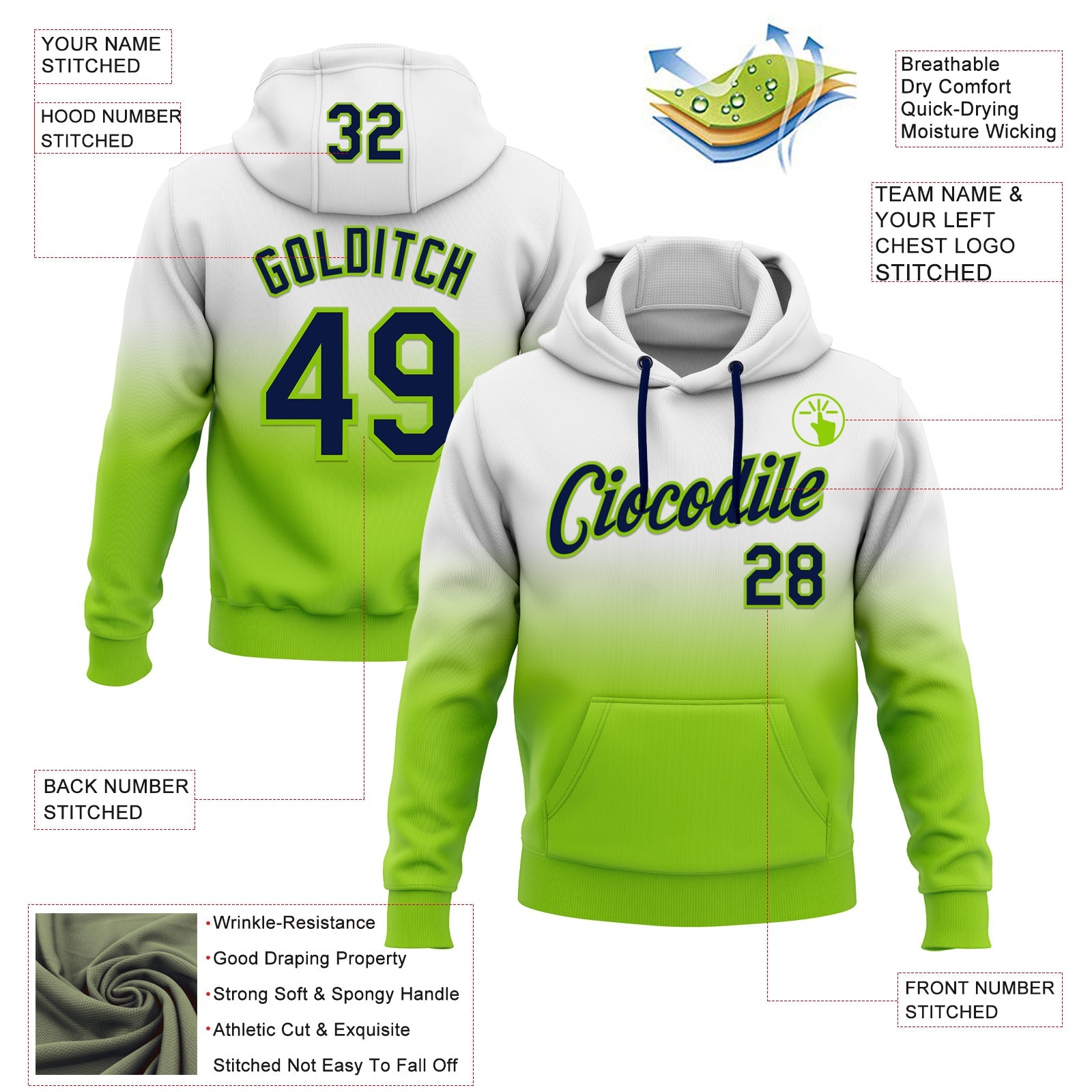 Custom Stitched White Navy-Neon Green Fade Fashion Sports Pullover Sweatshirt Hoodie