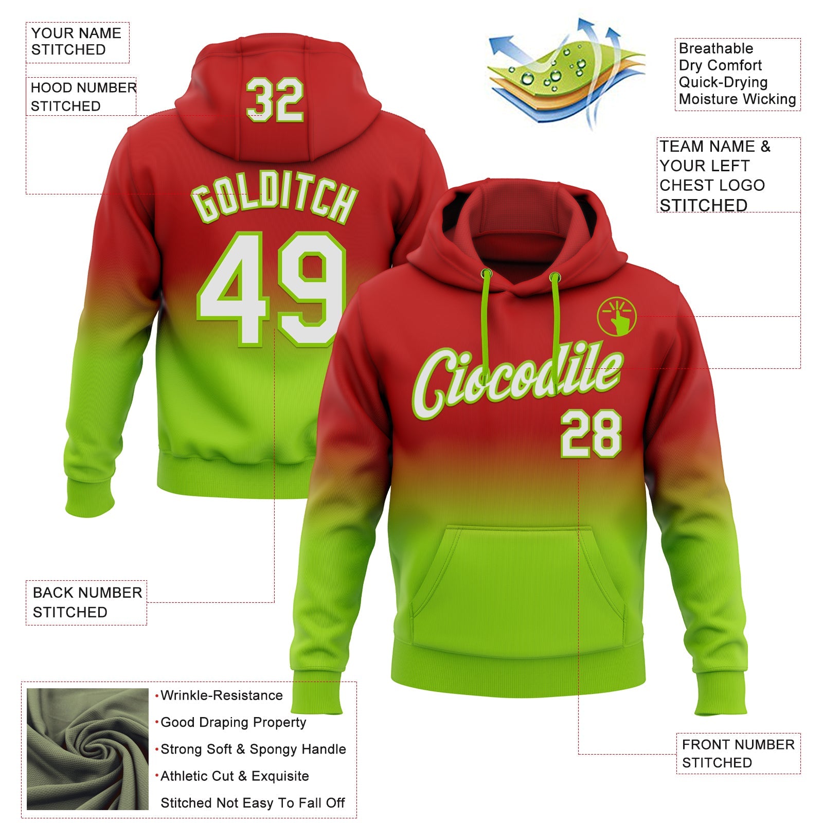 Custom Stitched Red White-Neon Green Fade Fashion Sports Pullover Sweatshirt Hoodie