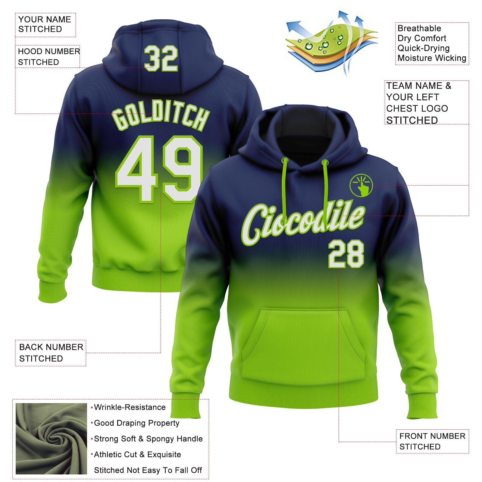 Custom Stitched Navy White-Neon Green Fade Fashion Sports Pullover Sweatshirt Hoodie