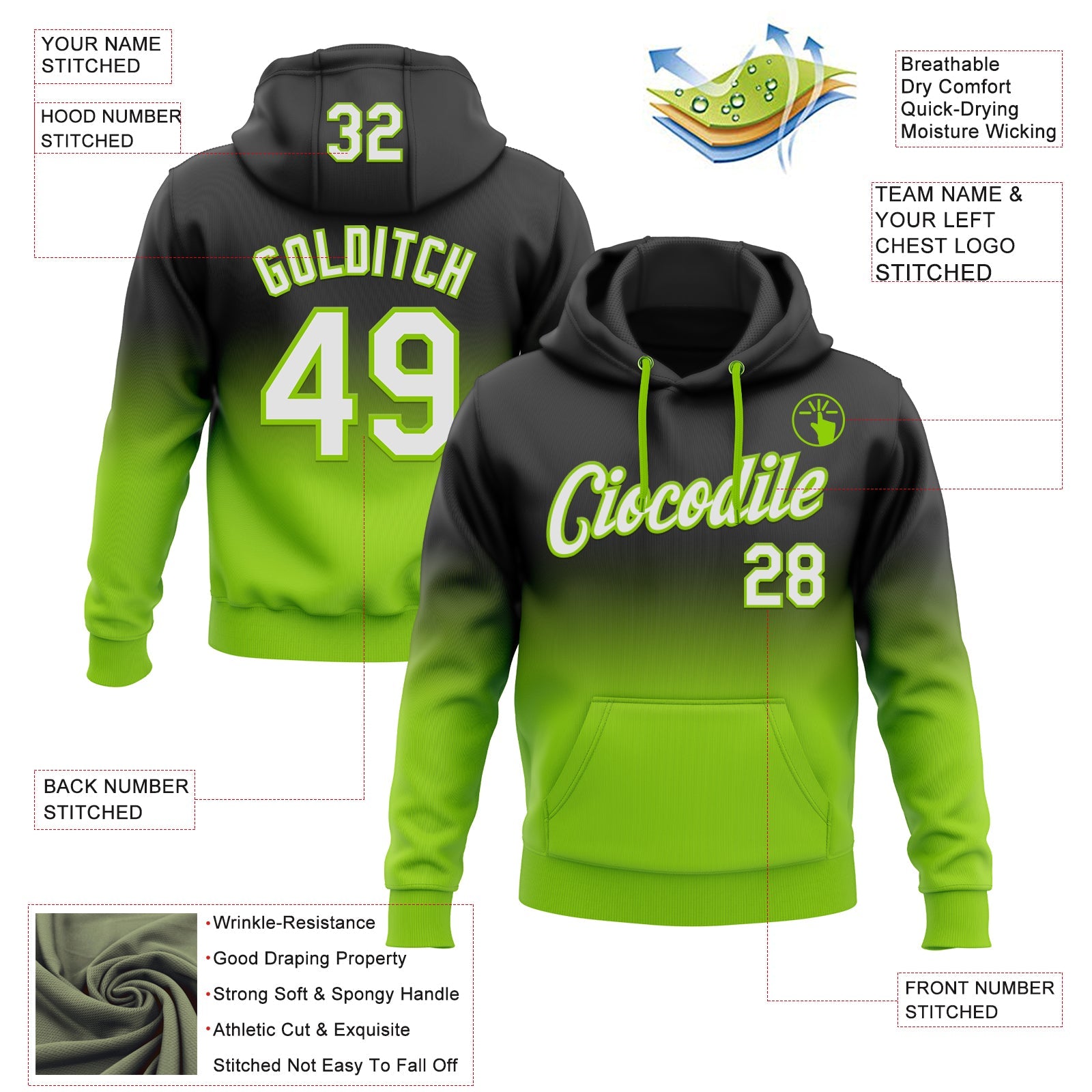 Custom Stitched Black White-Neon Green Fade Fashion Sports Pullover Sweatshirt Hoodie
