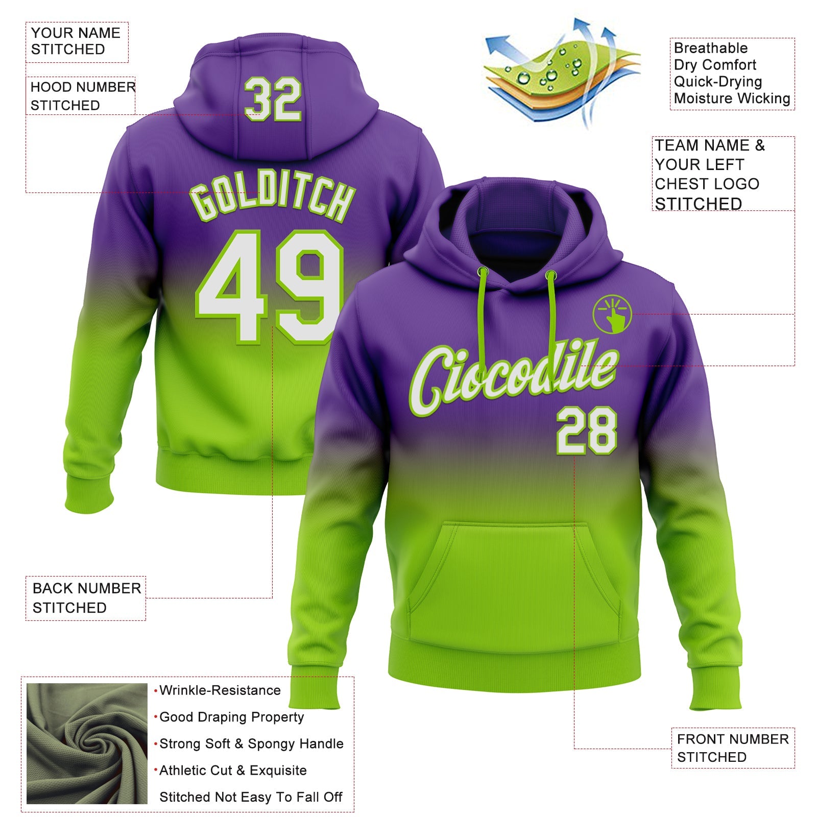 Custom Stitched Purple White-Neon Green Fade Fashion Sports Pullover Sweatshirt Hoodie
