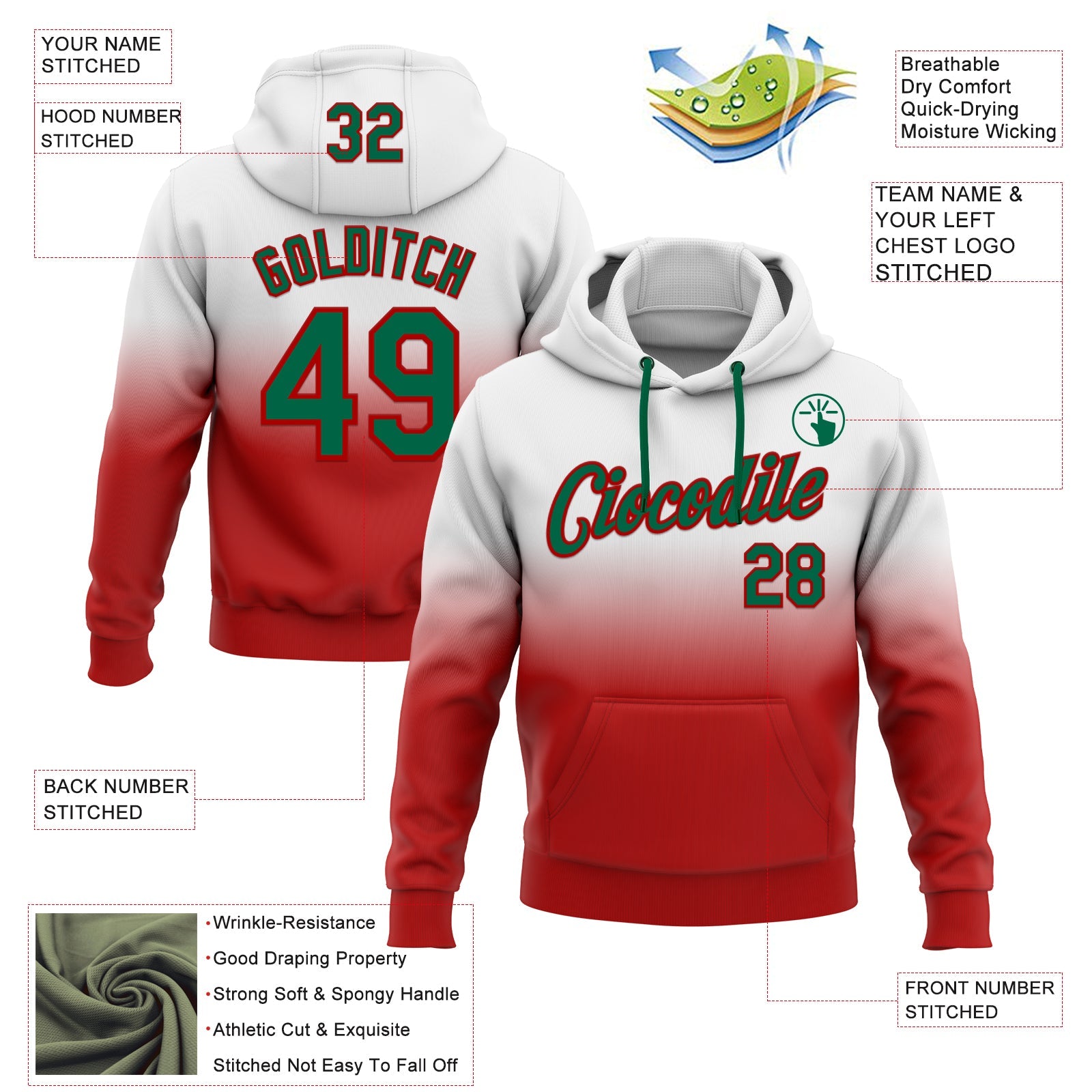 Custom Stitched White Kelly Green-Red Fade Fashion Sports Pullover Sweatshirt Hoodie