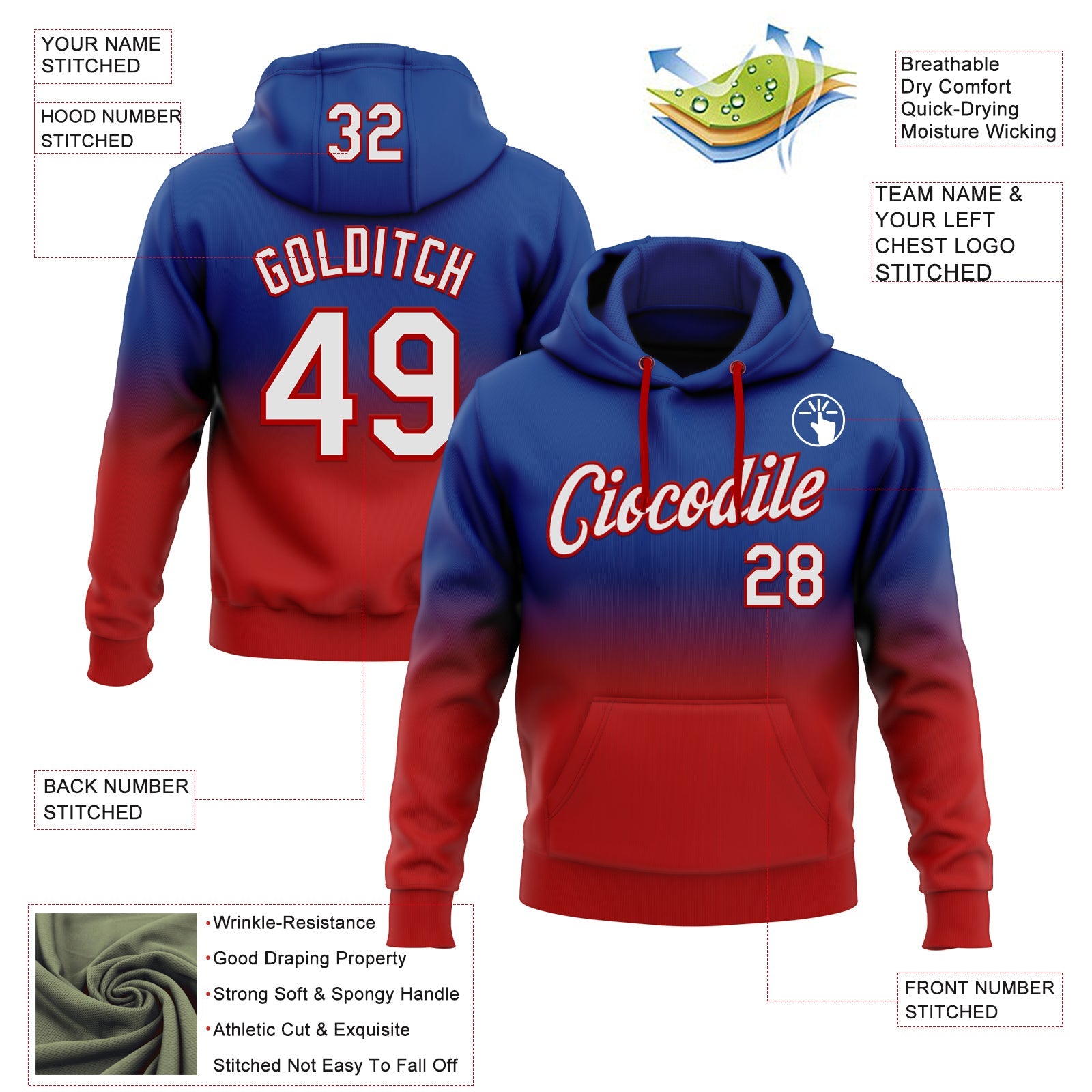 Custom Stitched Royal White-Red Fade Fashion Sports Pullover Sweatshirt Hoodie
