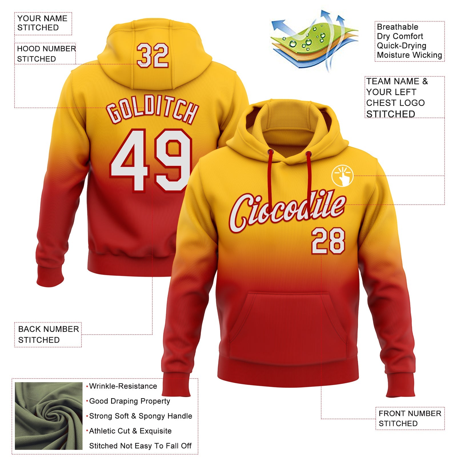 Custom Stitched Gold White-Red Fade Fashion Sports Pullover Sweatshirt Hoodie