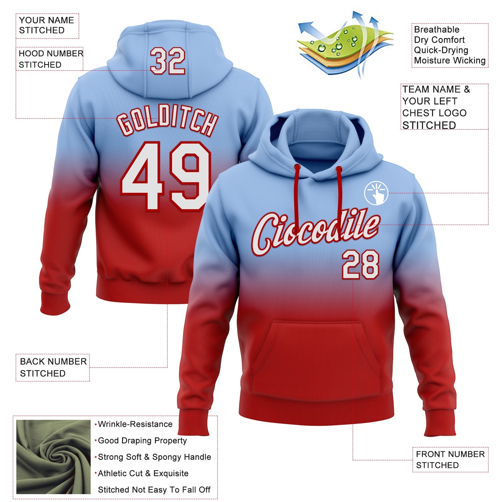 Custom Stitched Light Blue White-Red Fade Fashion Sports Pullover Sweatshirt Hoodie