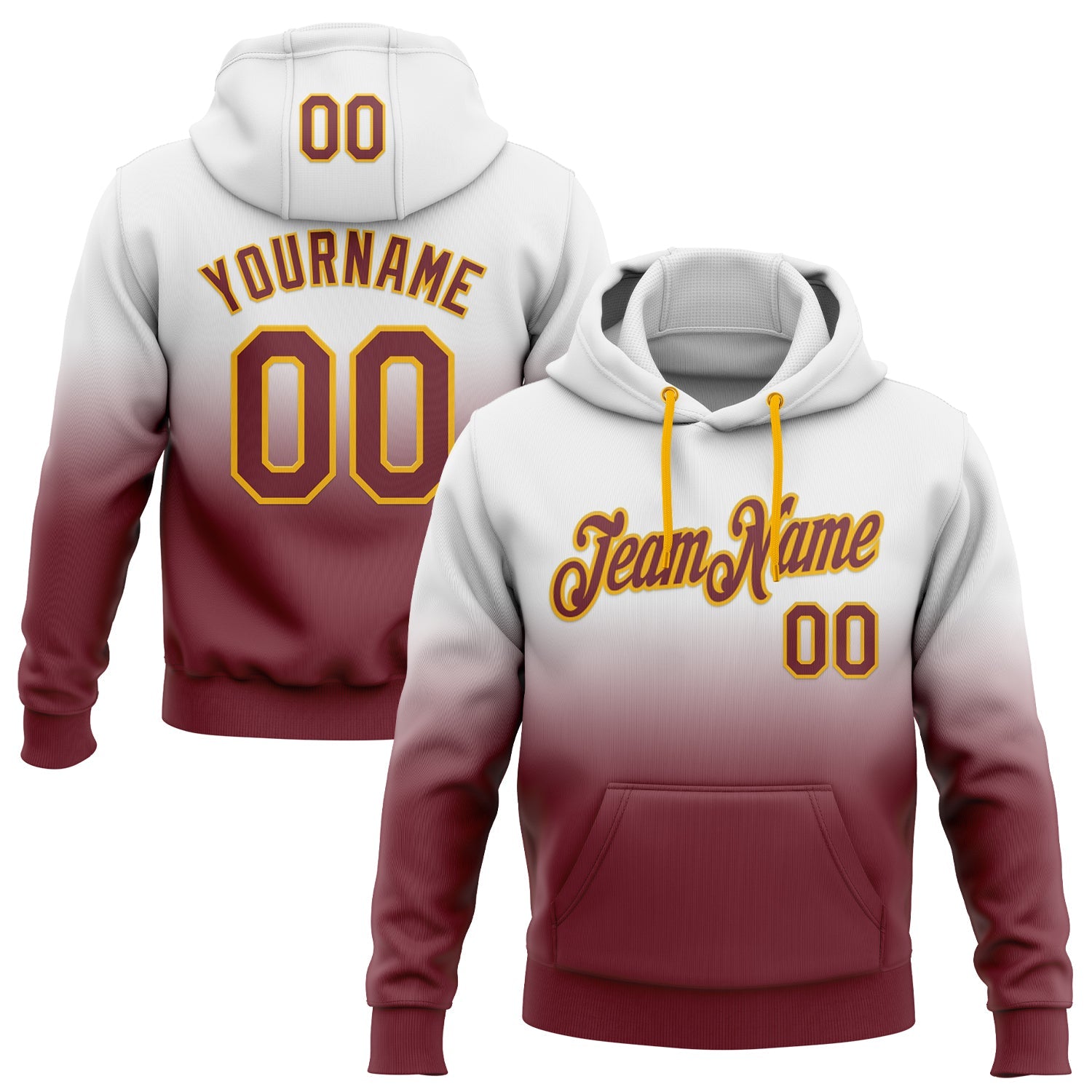 Custom Stitched White Burgundy-Gold Fade Fashion Sports Pullover Sweatshirt Hoodie