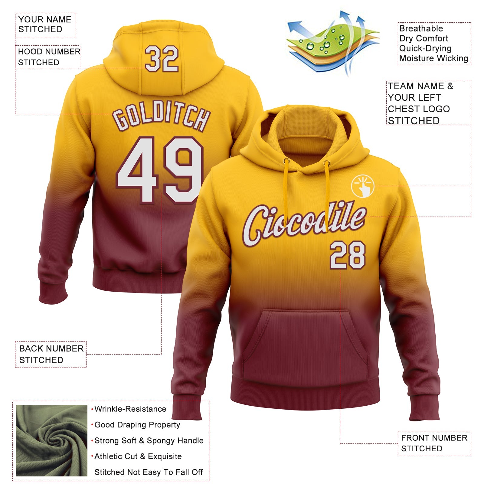 Custom Stitched Gold White-Burgundy Fade Fashion Sports Pullover Sweatshirt Hoodie