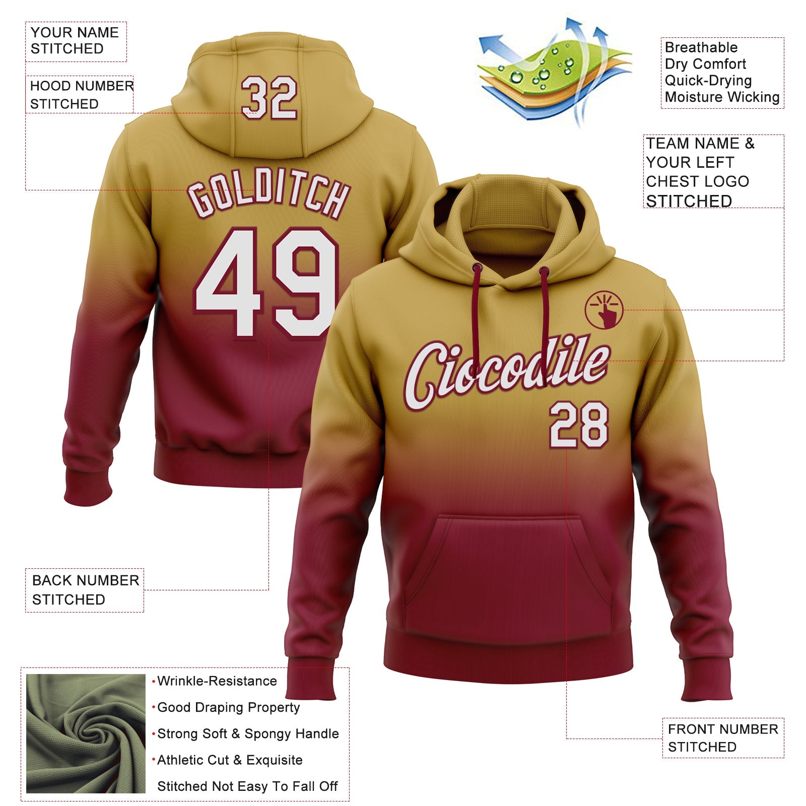 Custom Stitched Old Gold White-Crimson Fade Fashion Sports Pullover Sweatshirt Hoodie