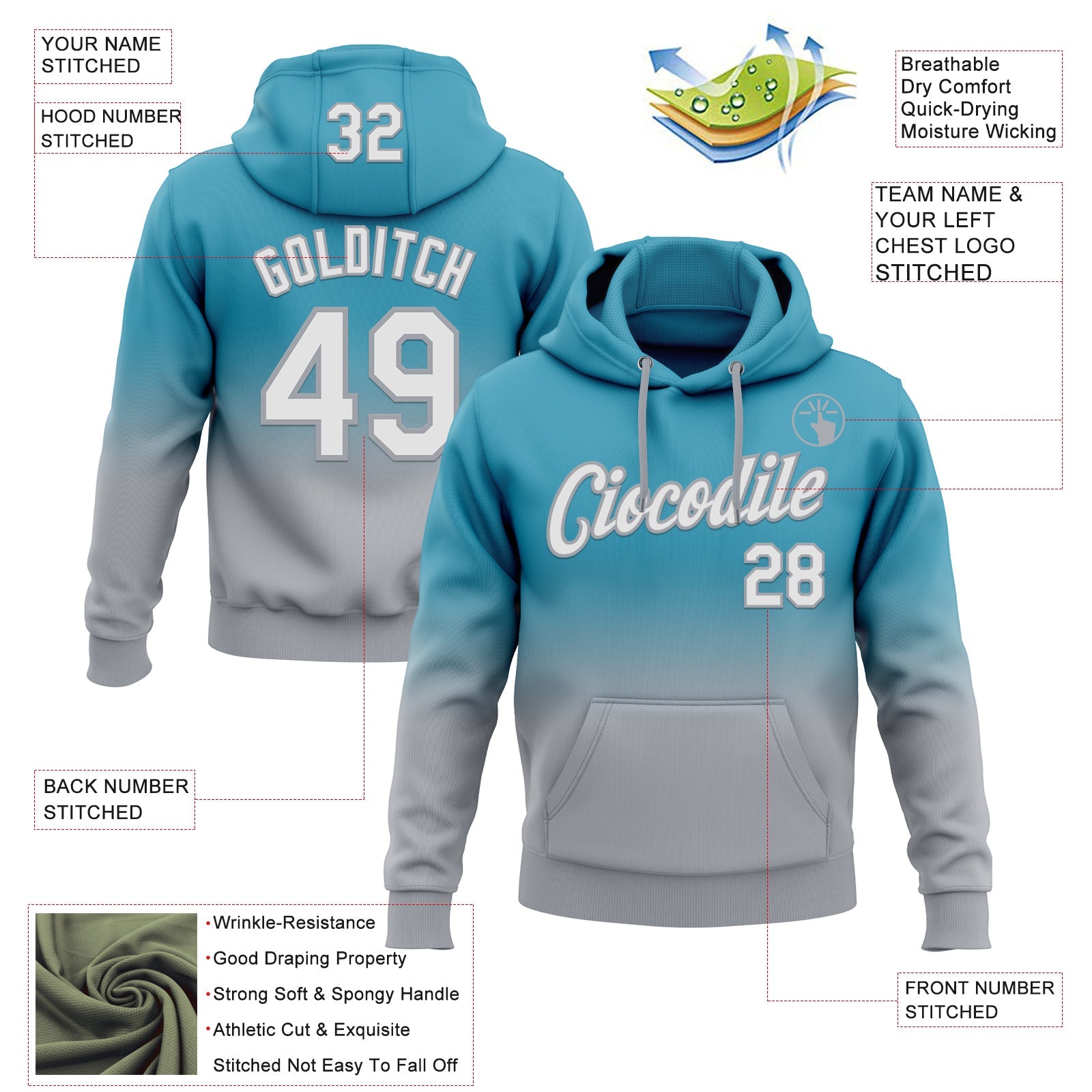 Custom Stitched Panther Blue White-Gray Fade Fashion Sports Pullover Sweatshirt Hoodie