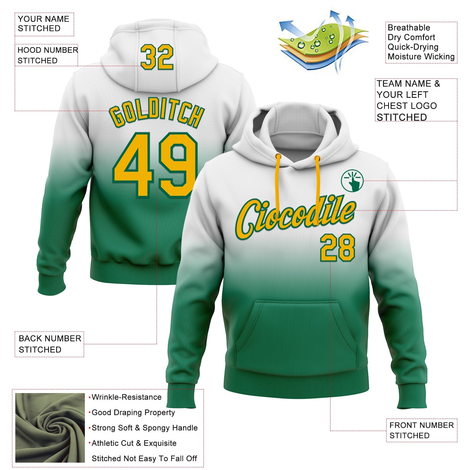 Custom Stitched White Gold-Kelly Green Fade Fashion Sports Pullover Sweatshirt Hoodie