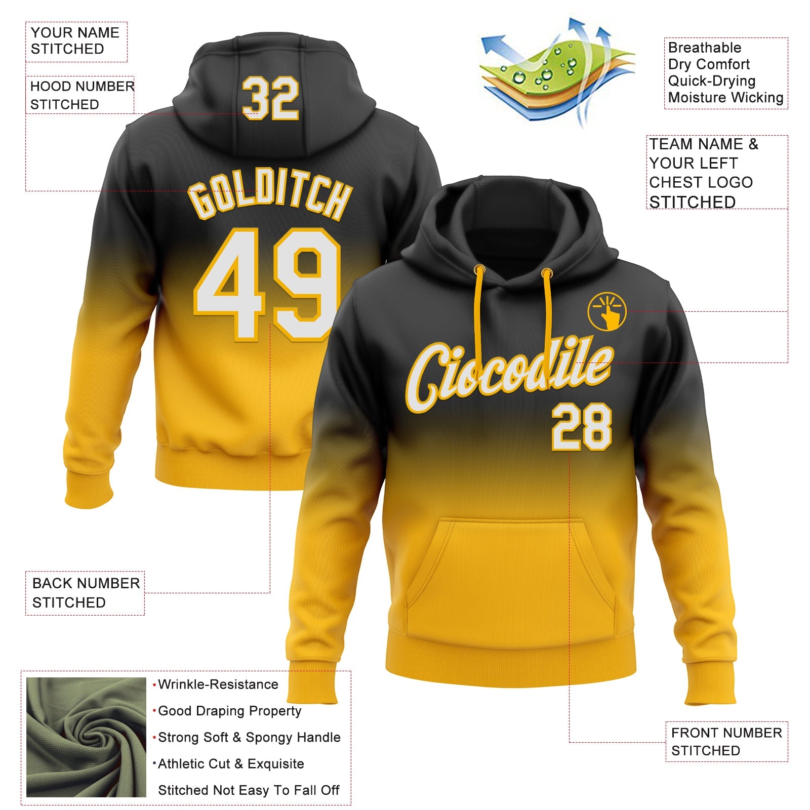 Custom Stitched Black White-Gold Fade Fashion Sports Pullover Sweatshirt Hoodie