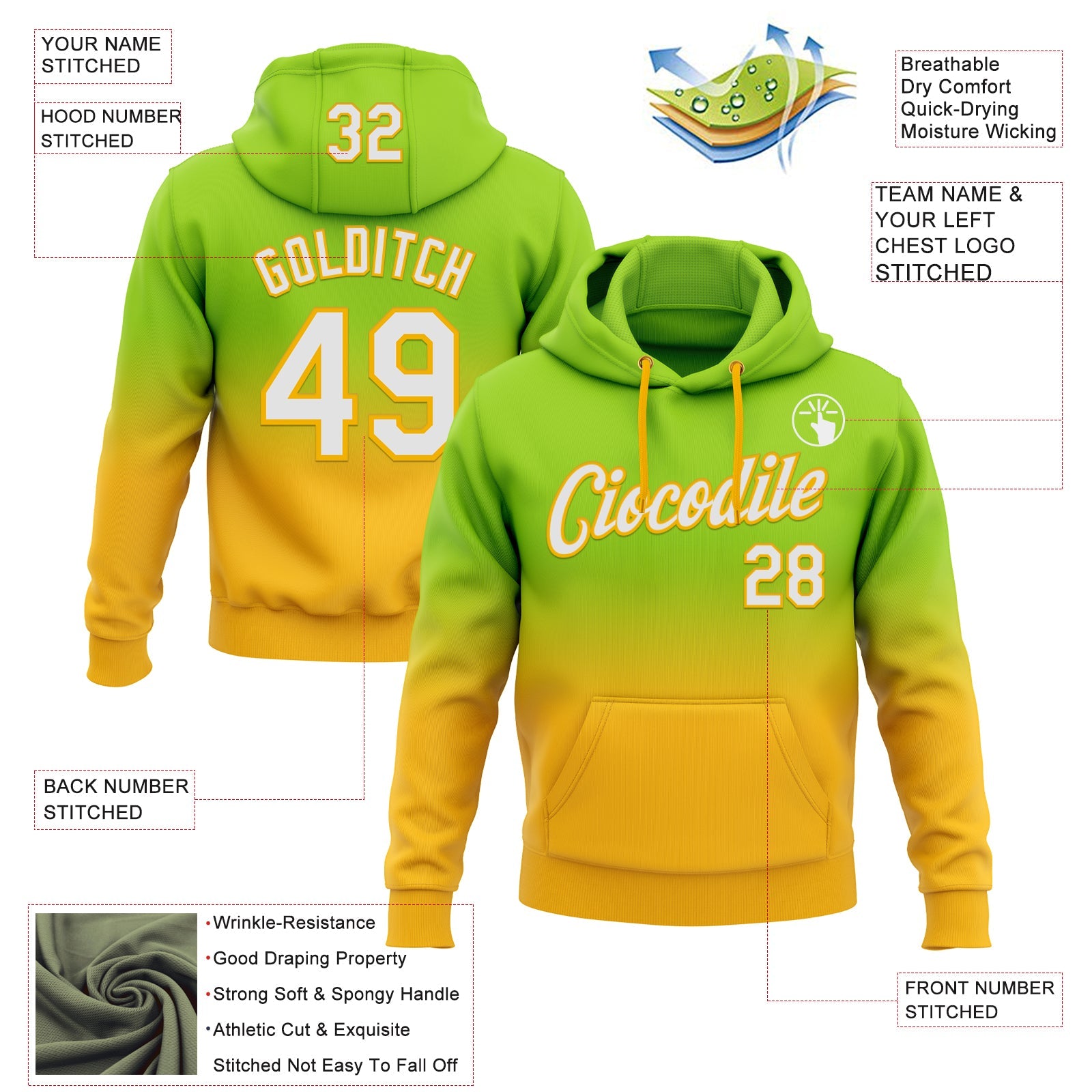 Custom Stitched Neon Green White-Gold Fade Fashion Sports Pullover Sweatshirt Hoodie