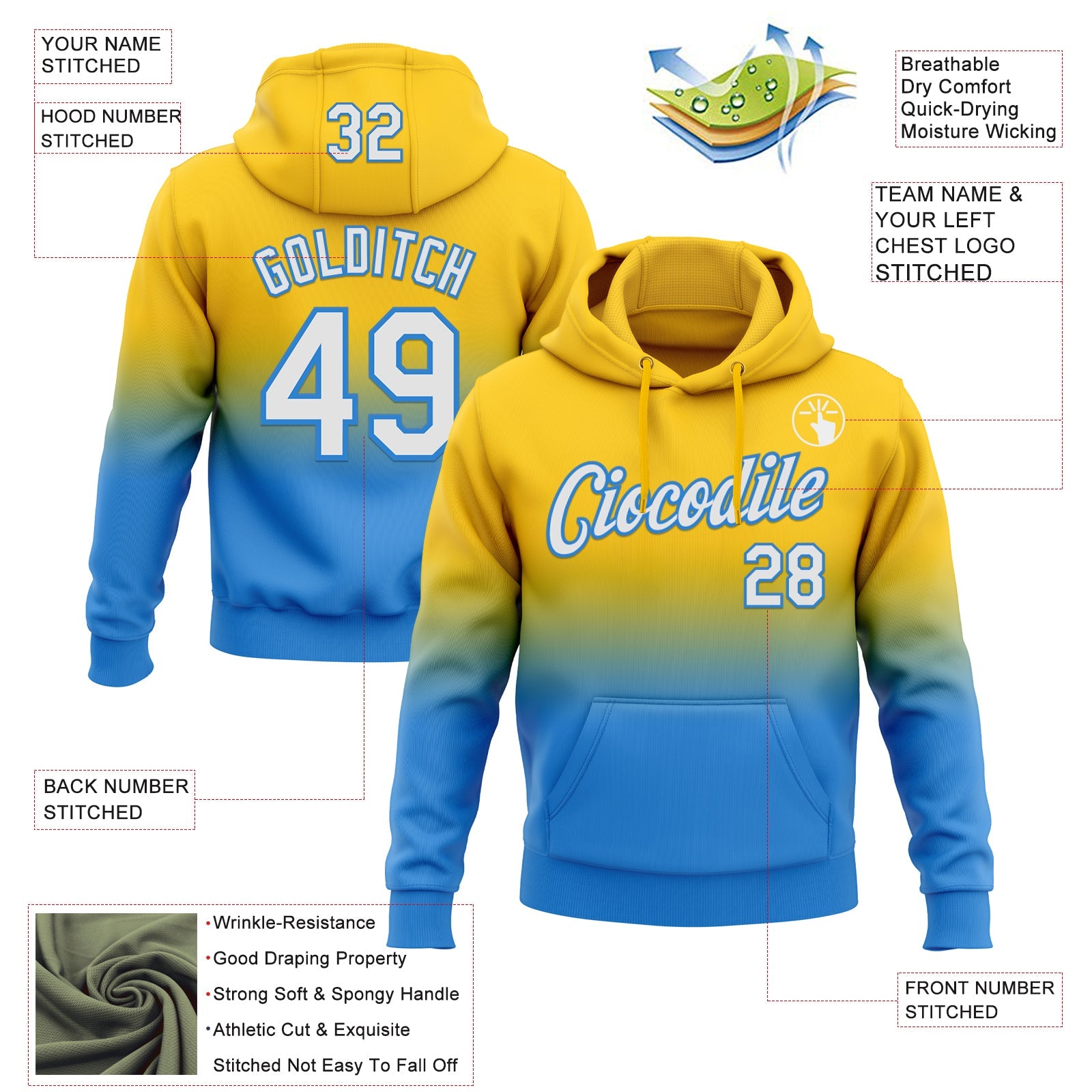 Custom Stitched Yellow White-Powder Blue Fade Fashion Sports Pullover Sweatshirt Hoodie