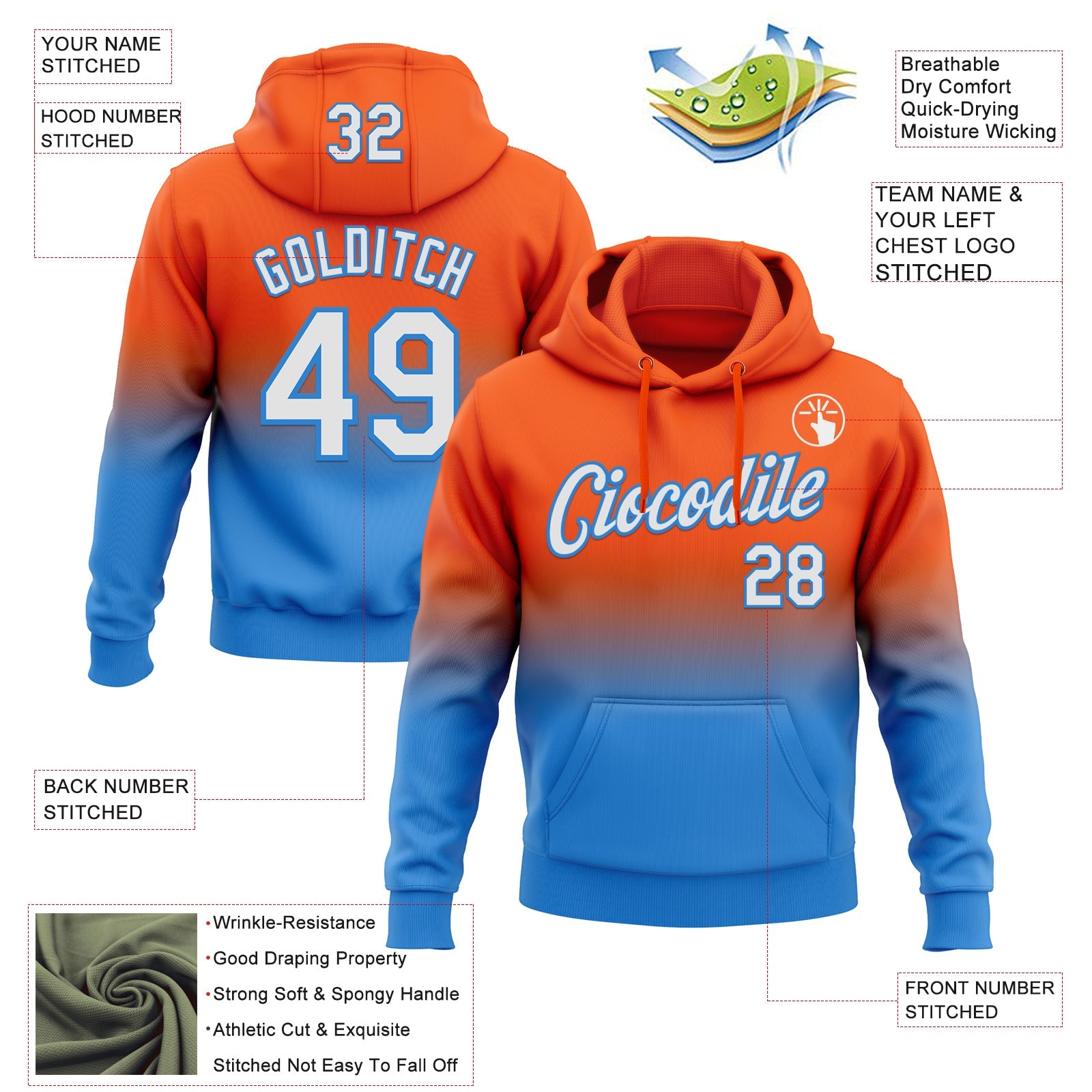 Custom Stitched Orange White-Powder Blue Fade Fashion Sports Pullover Sweatshirt Hoodie